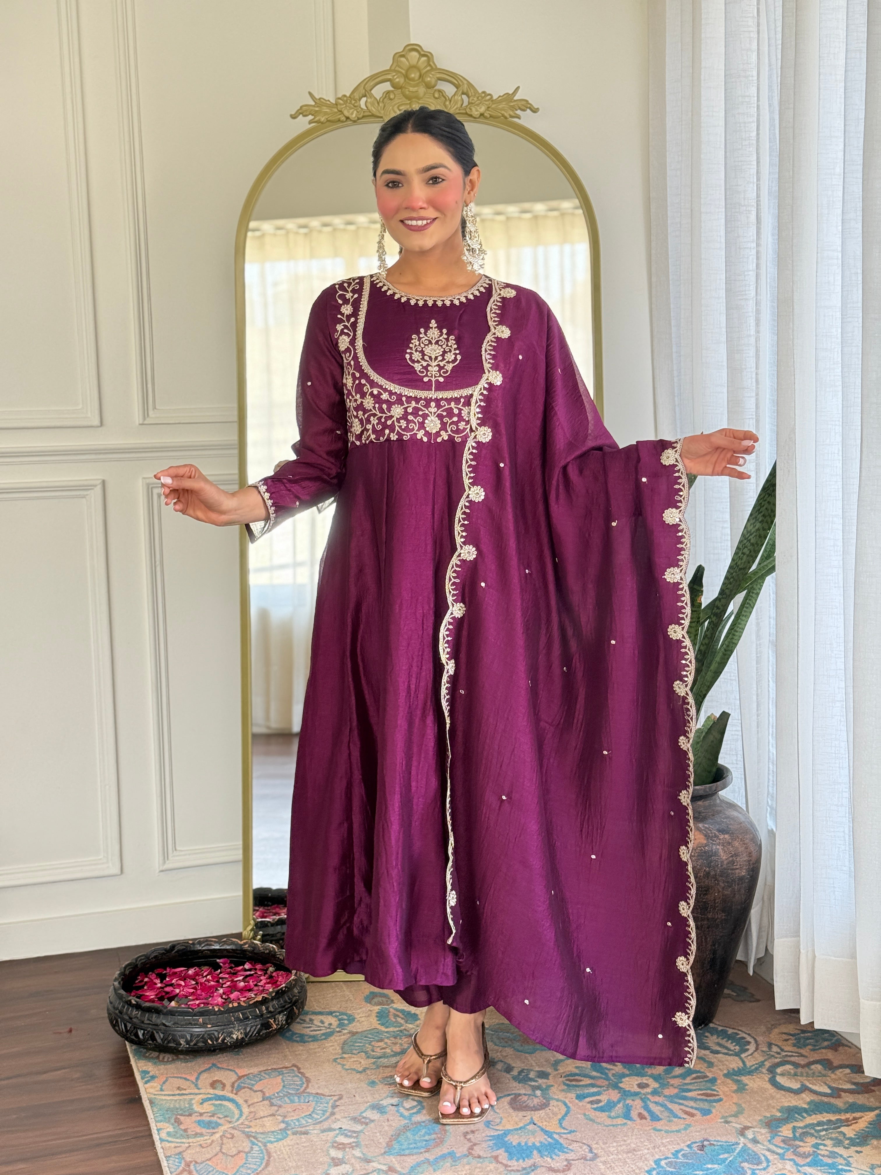 Purple Kurta Pant Set With Heavy Thread Embroidery Sequins Work
