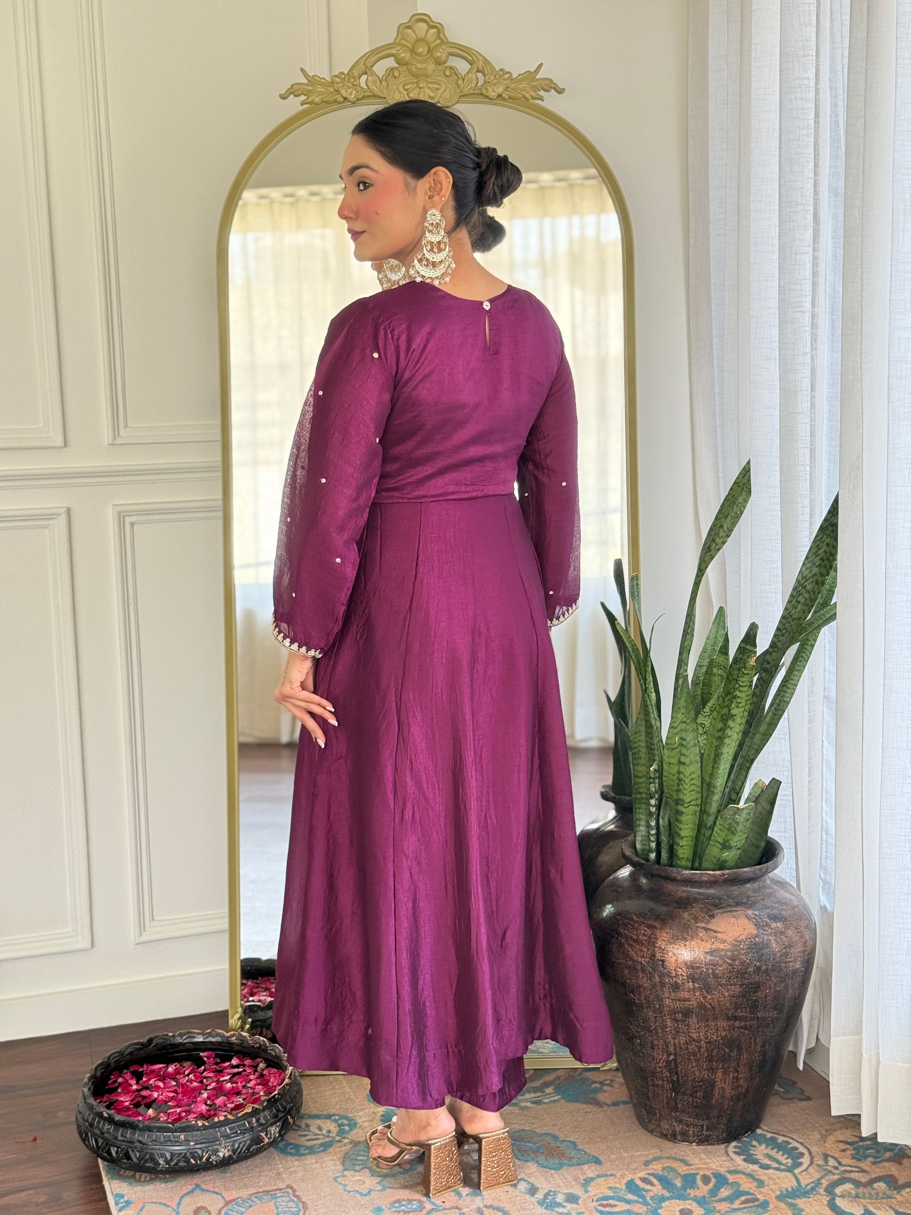 Purple Kurta Pant Set With Heavy Thread Embroidery Sequins Work