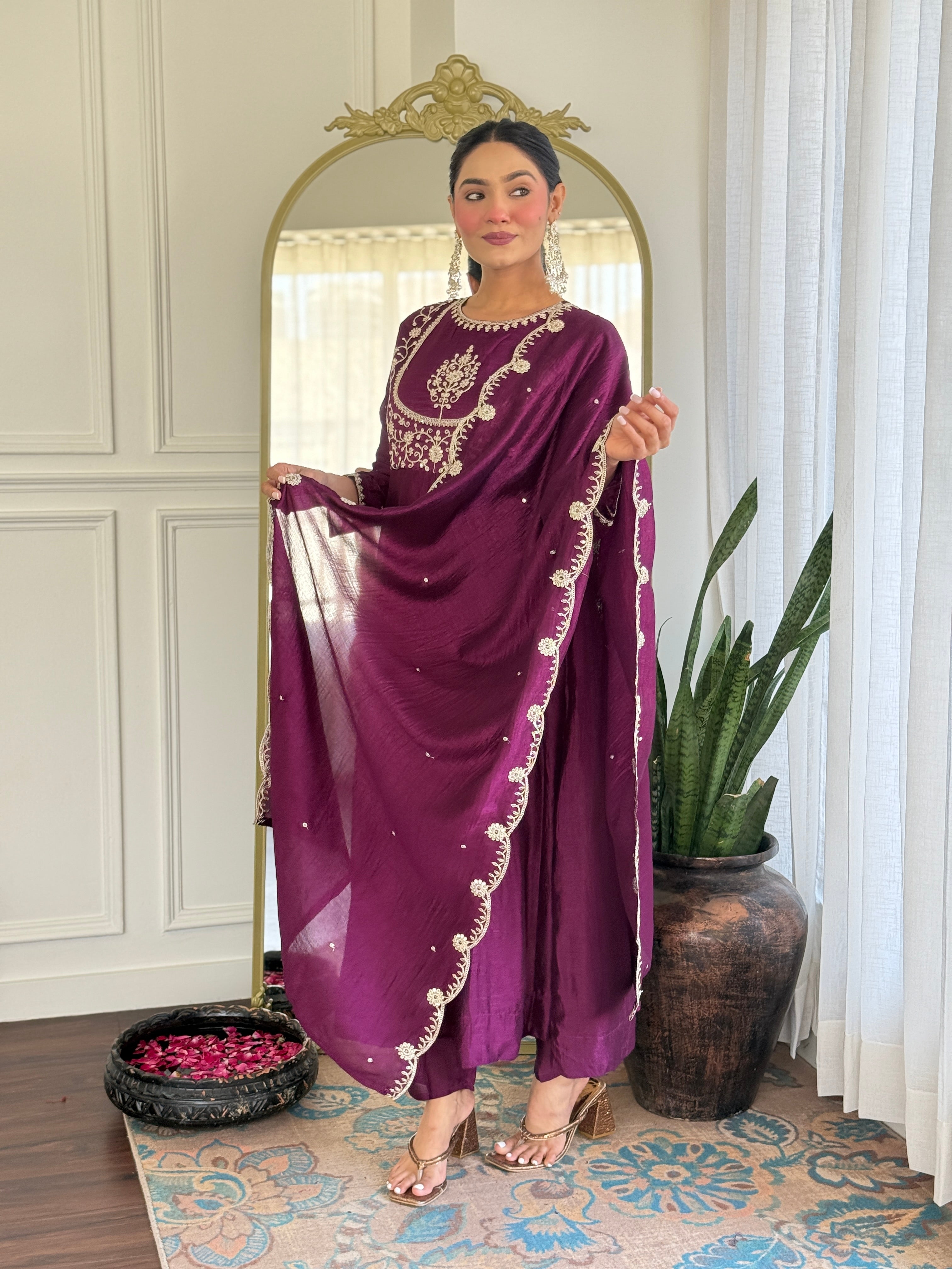 Purple Kurta Pant Set With Heavy Thread Embroidery Sequins Work