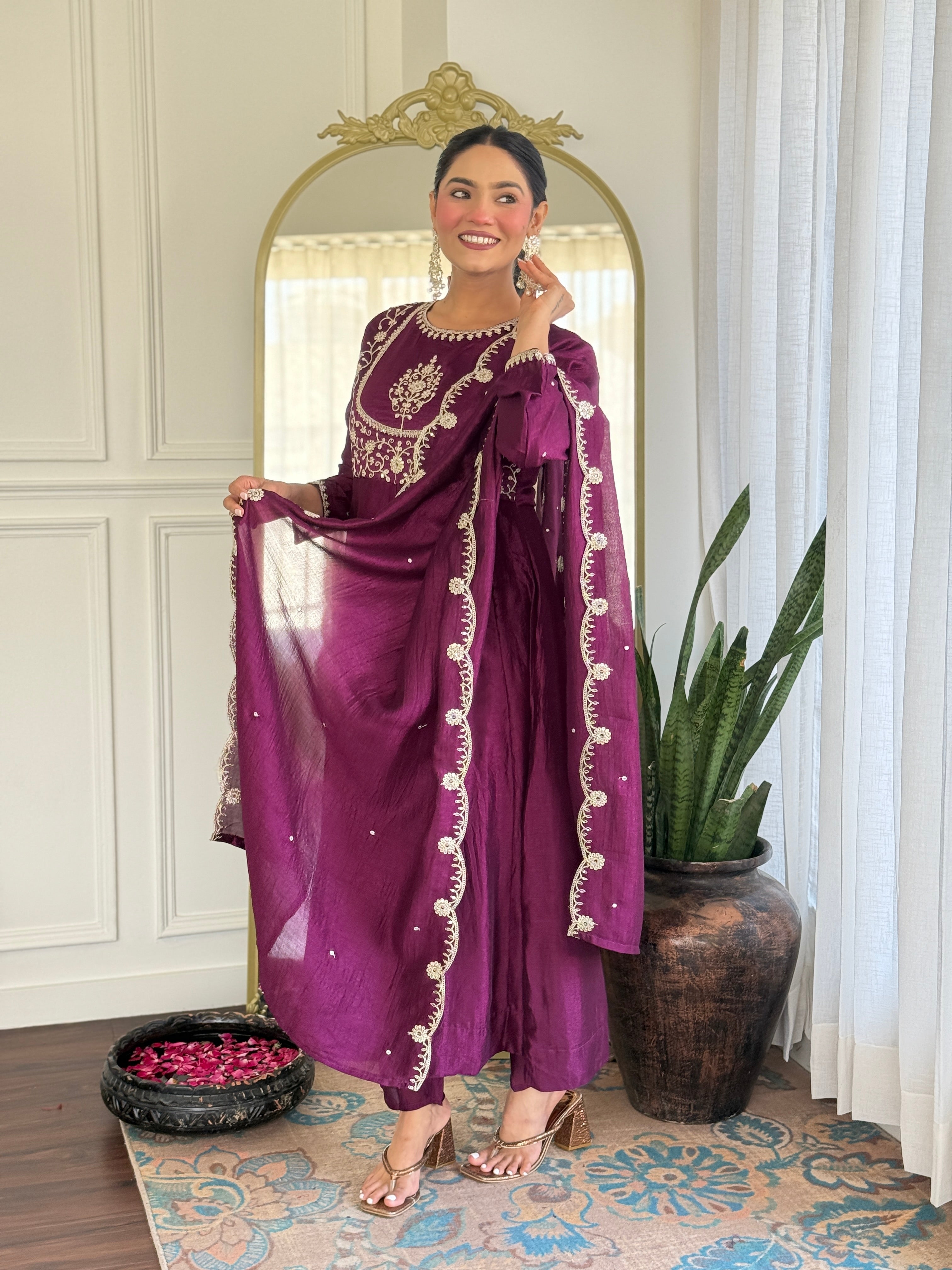 Purple Kurta Pant Set With Heavy Thread Embroidery Sequins Work
