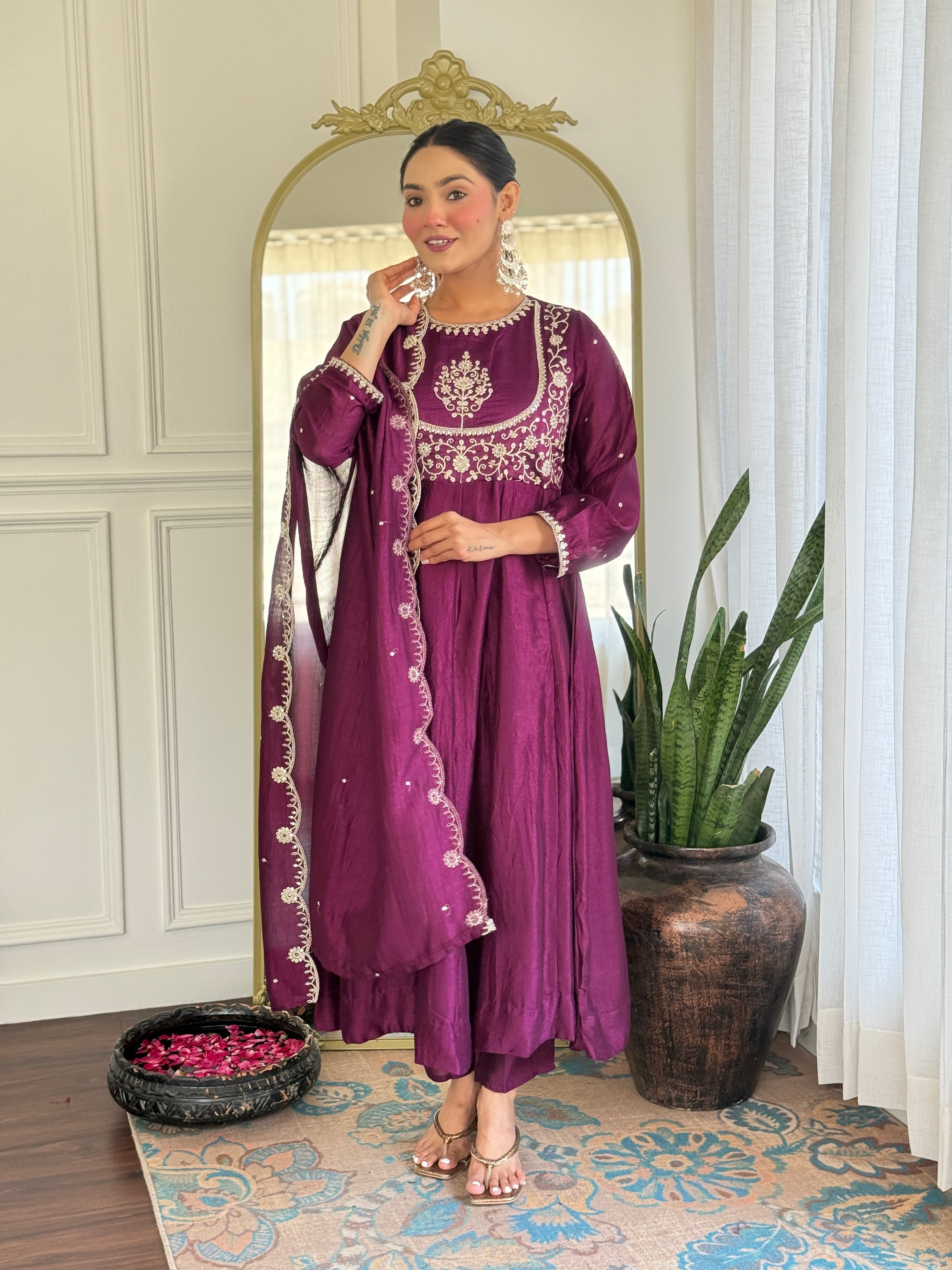 Purple Kurta Pant Set With Heavy Thread Embroidery Sequins Work