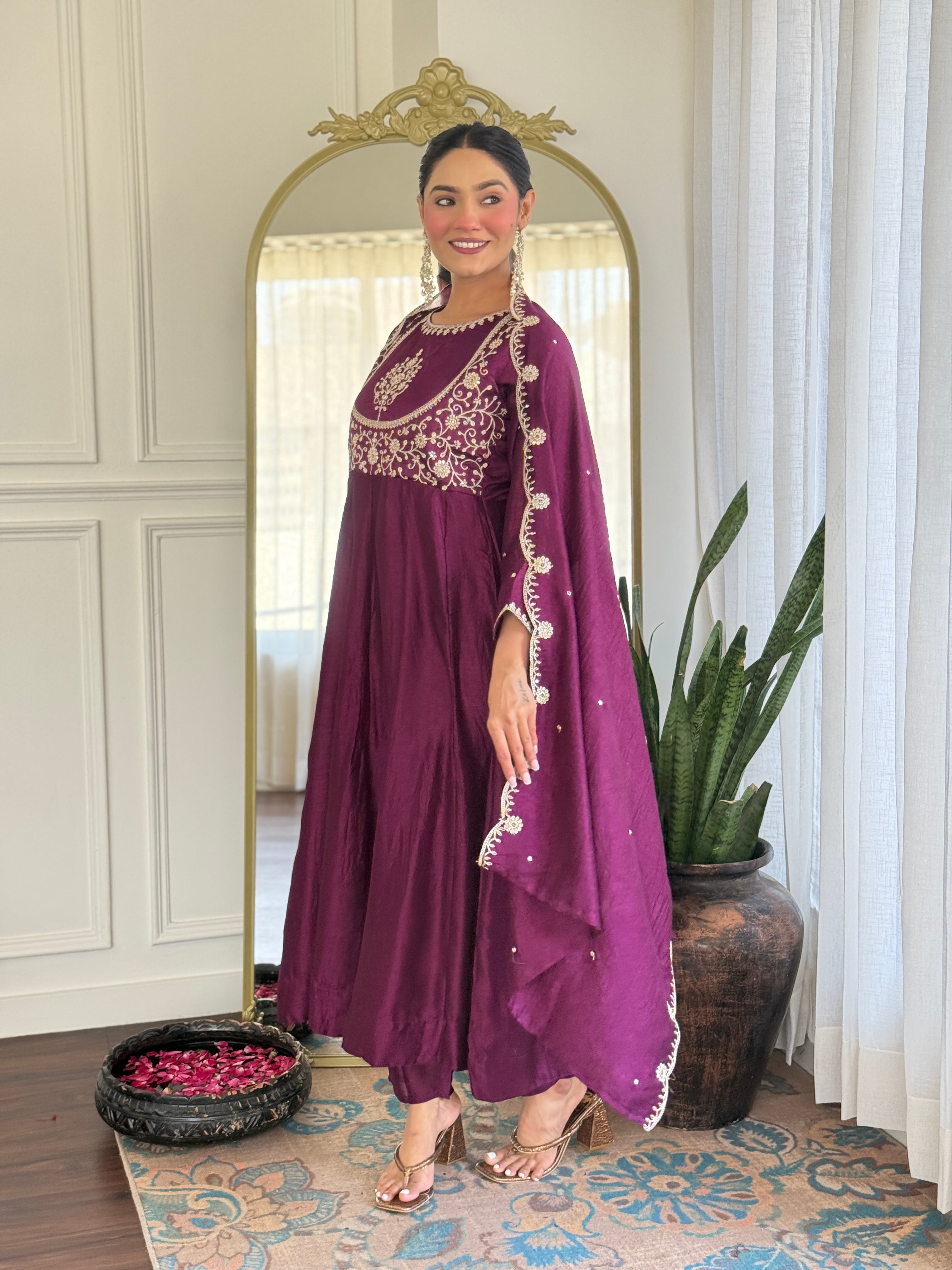 Purple Kurta Pant Set With Heavy Thread Embroidery Sequins Work