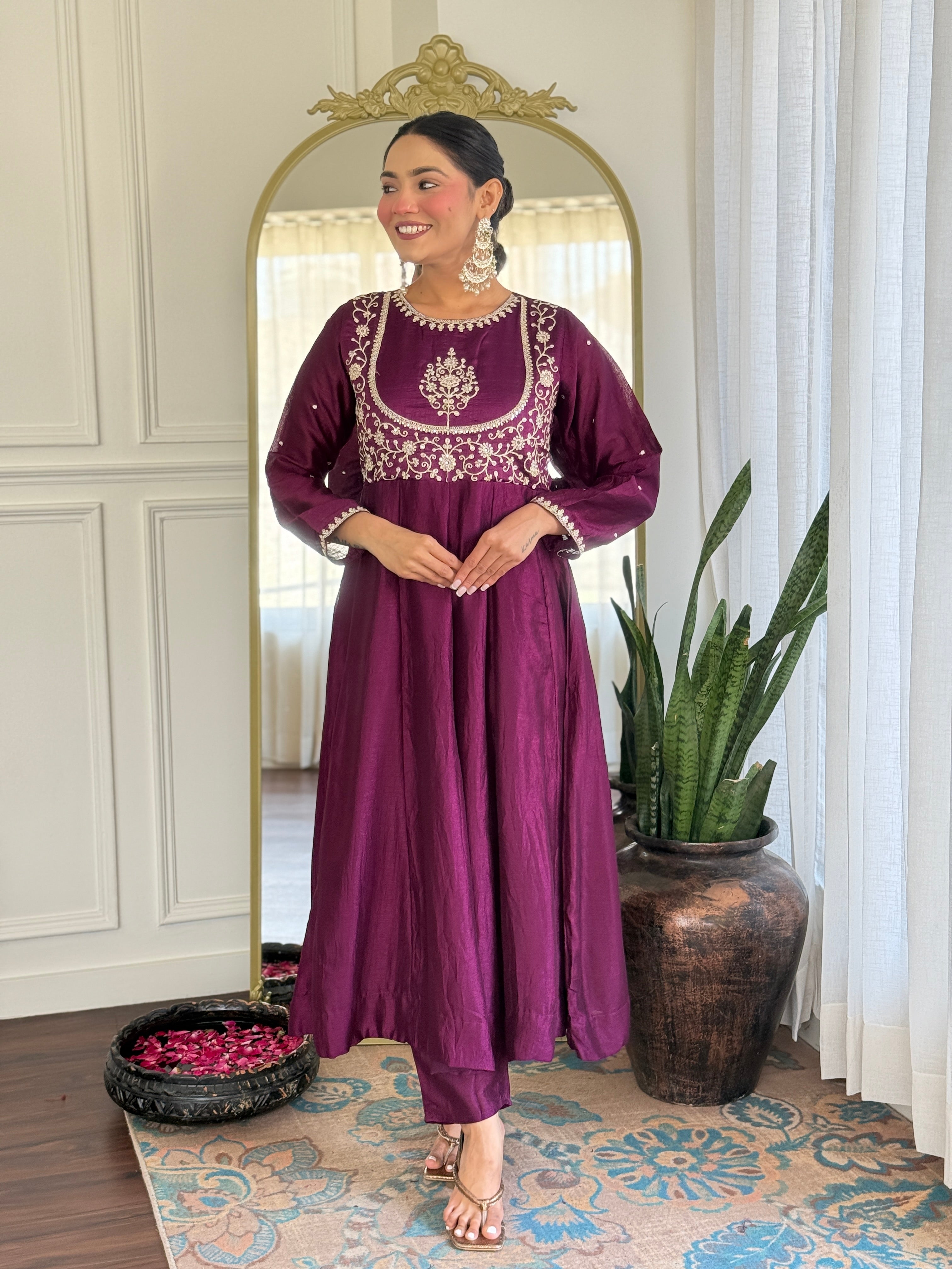 Purple Kurta Pant Set With Heavy Thread Embroidery Sequins Work
