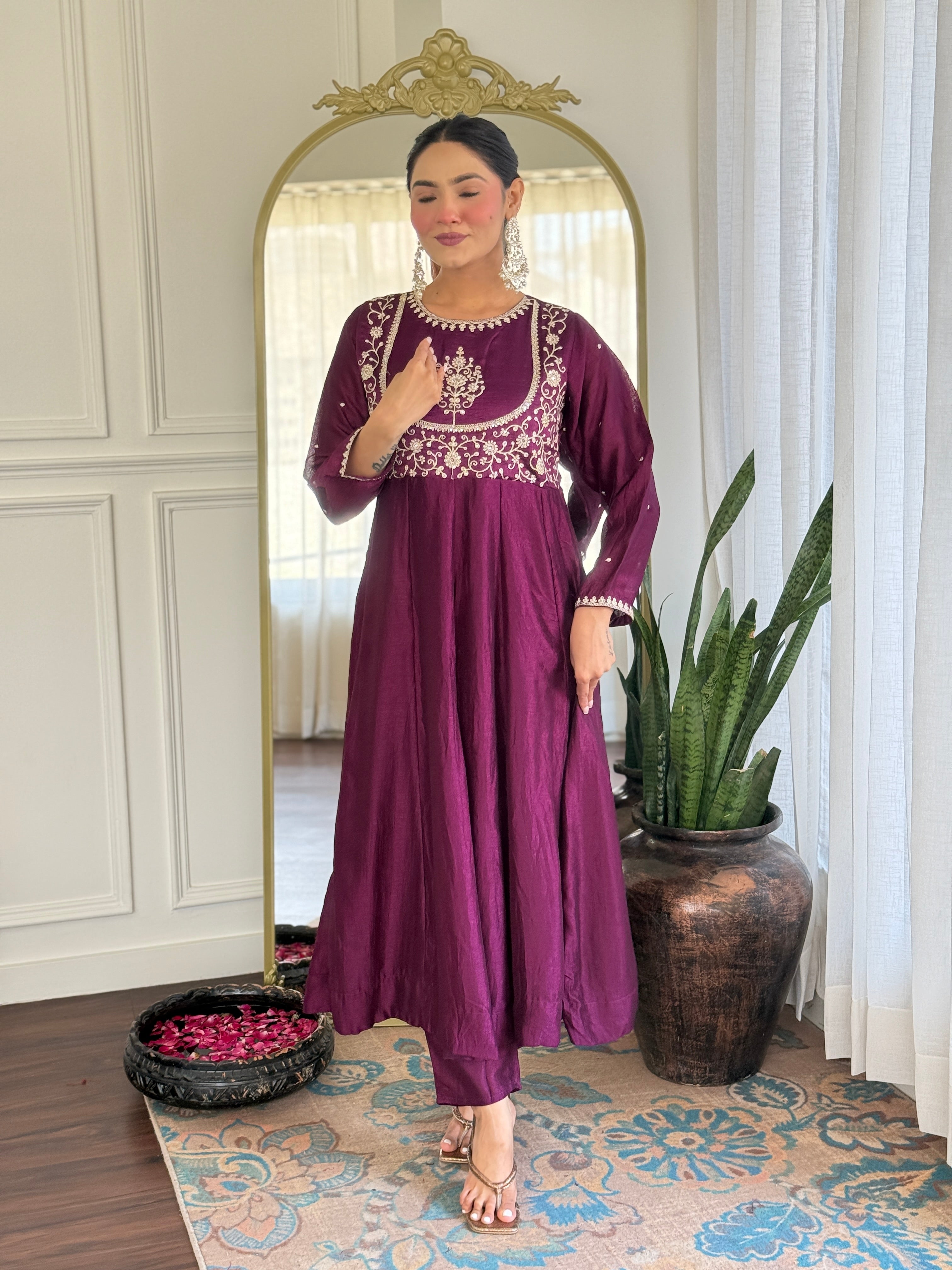 Purple Kurta Pant Set With Heavy Thread Embroidery Sequins Work