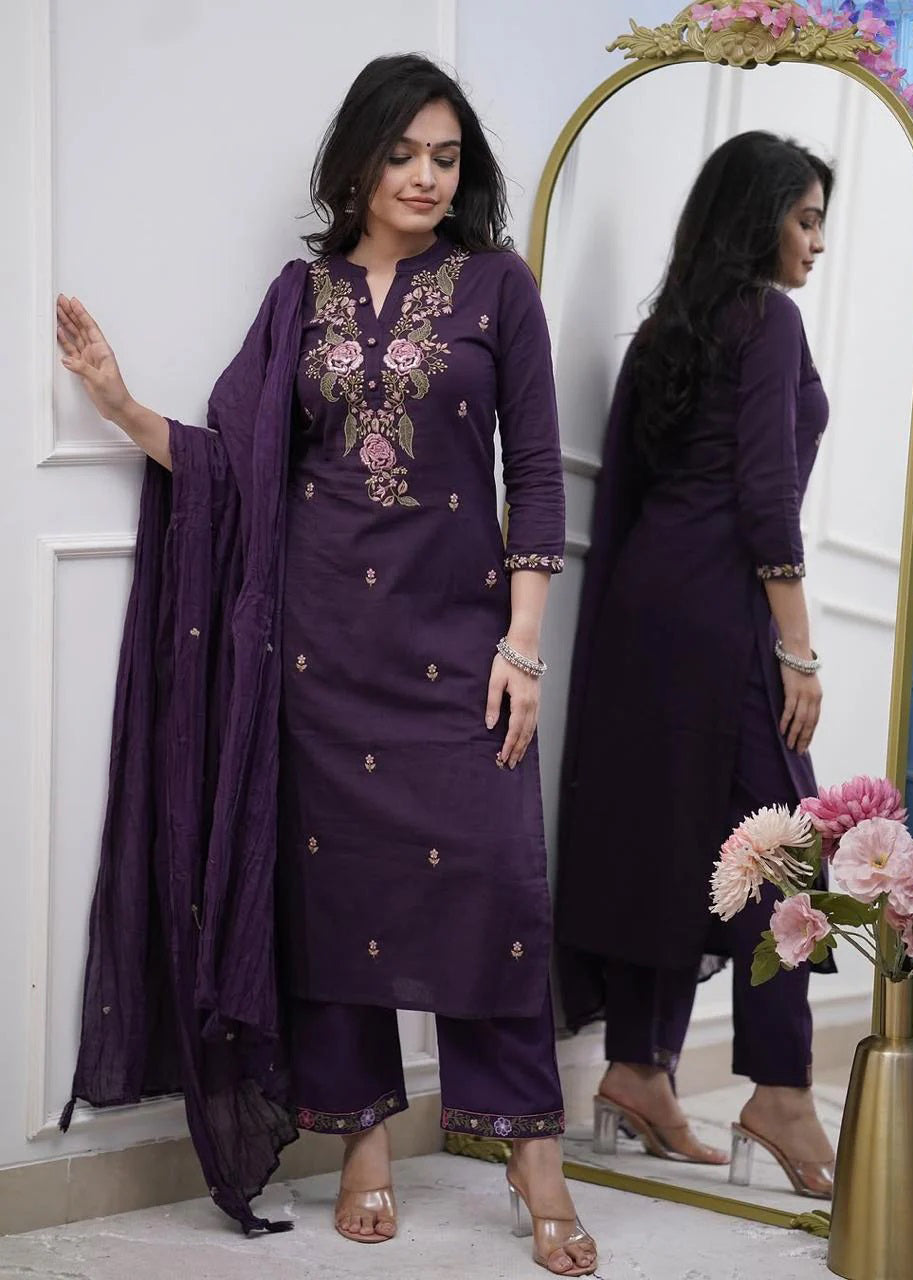 Purple Kurta Pant Set With Heavy Thread Embroidery Work
