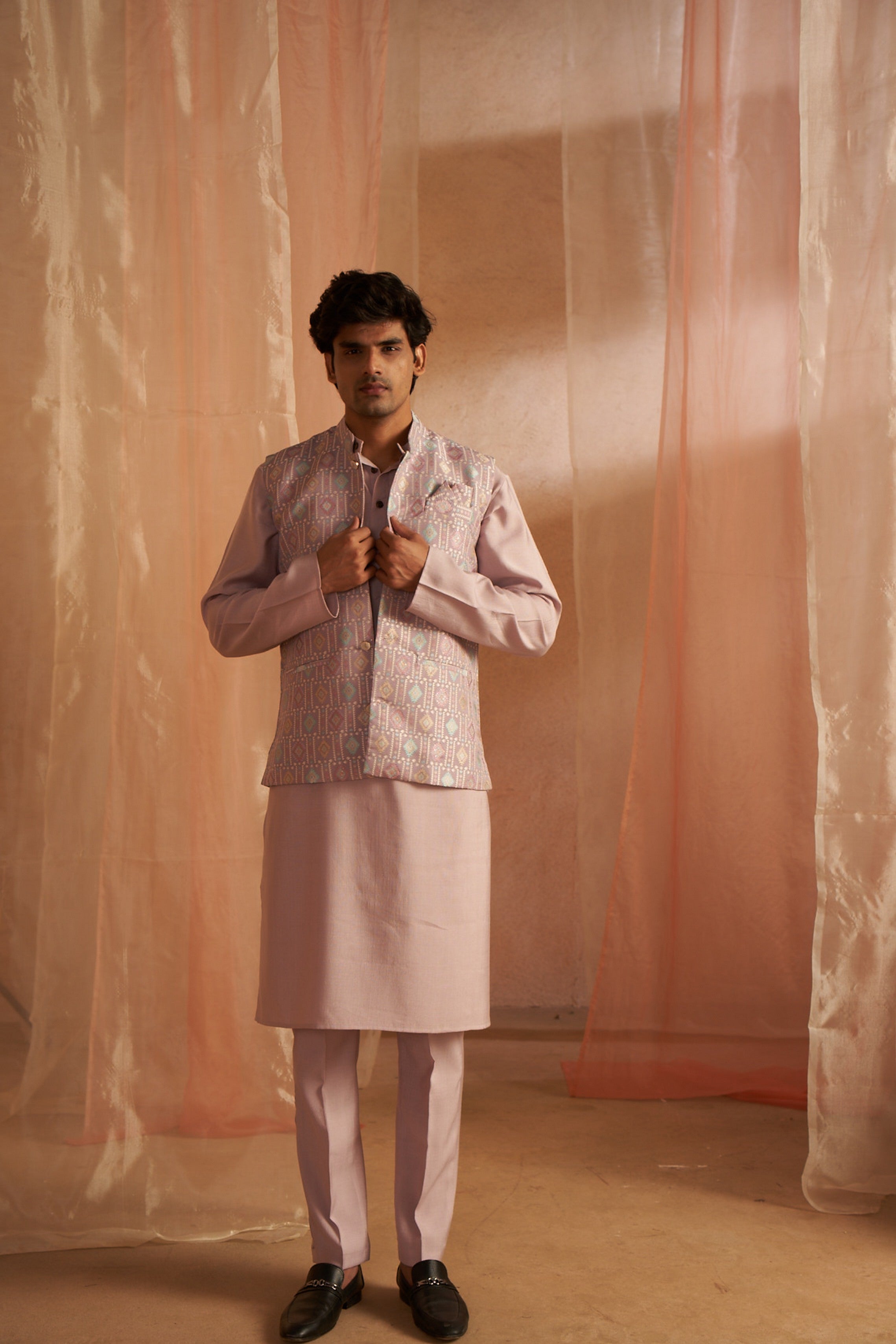 Purple Kurta Payjama with Nehru Jacket – Regal Wedding Outfit