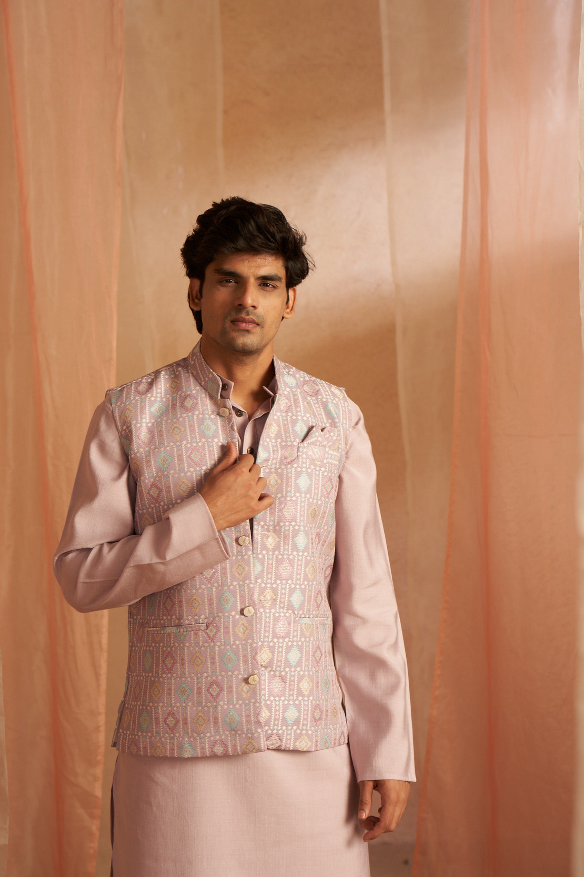 Purple Kurta Payjama with Nehru Jacket – Regal Wedding Outfit
