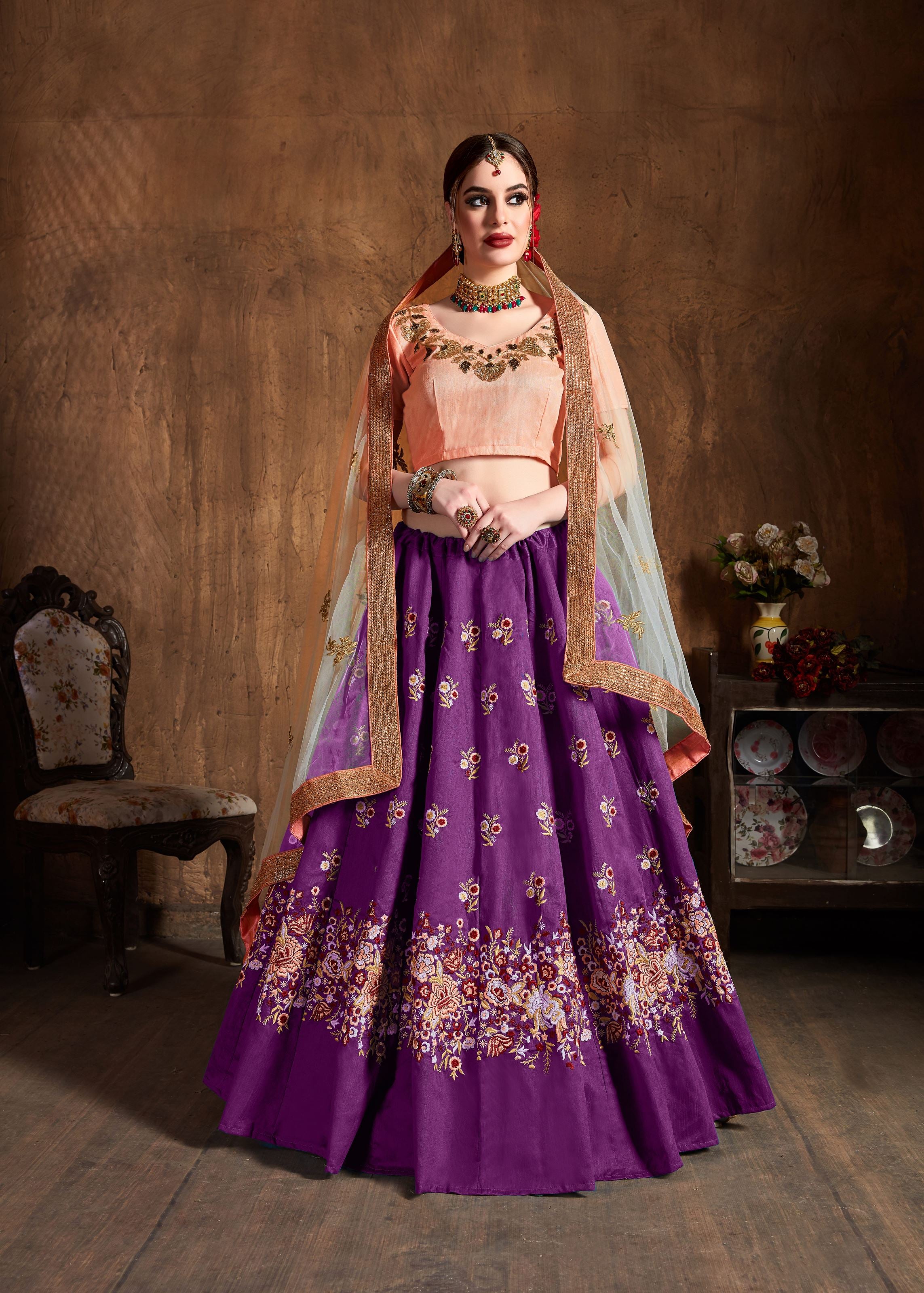 Purple Lehenga Choli With Sequins, Resham Thread And Dori Embroidery