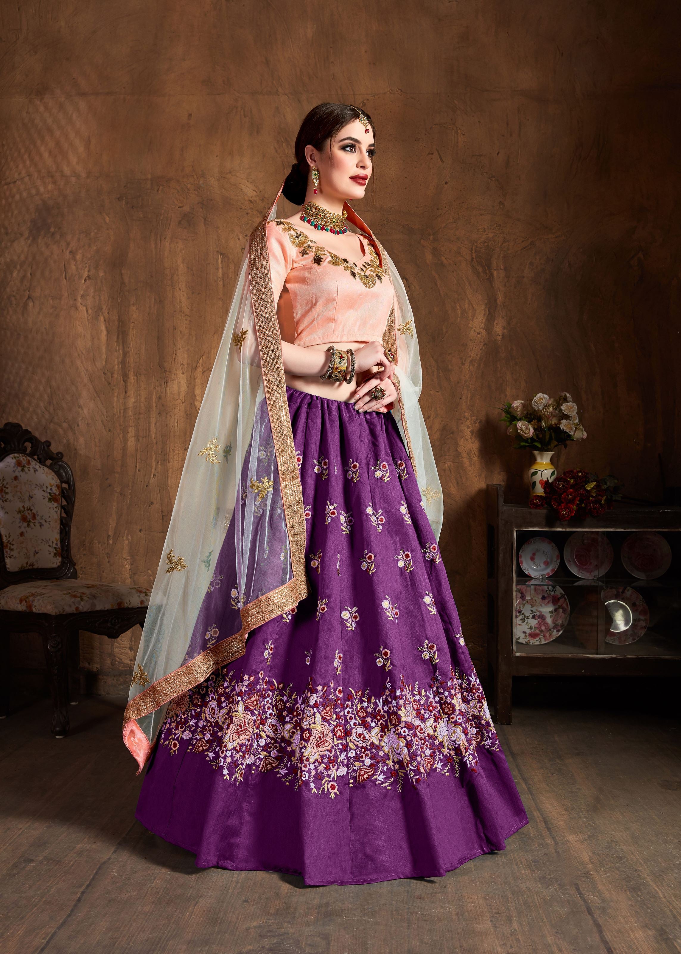 Purple Lehenga Choli With Sequins, Resham Thread And Dori Embroidery