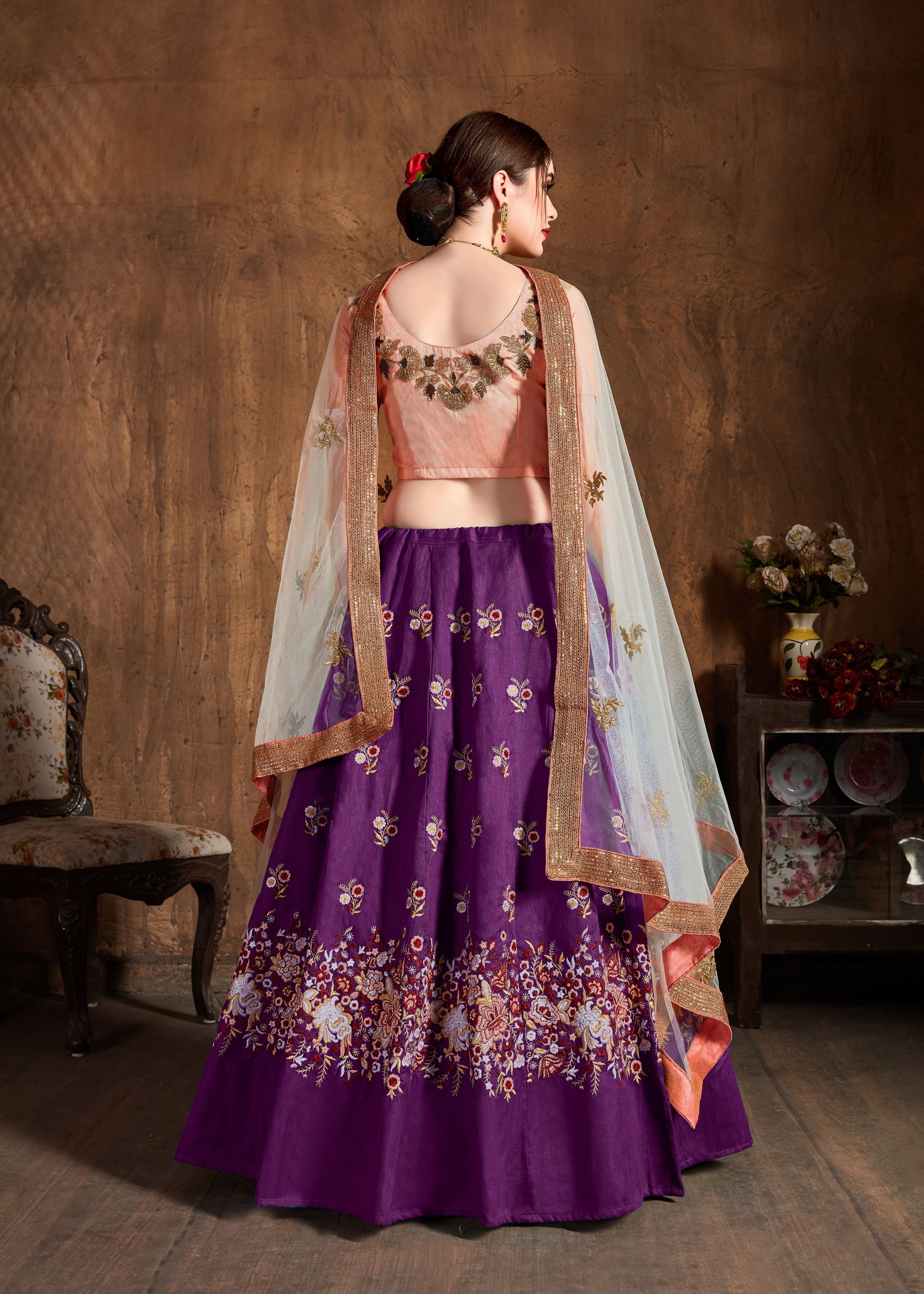 Purple Lehenga Choli With Sequins, Resham Thread And Dori Embroidery
