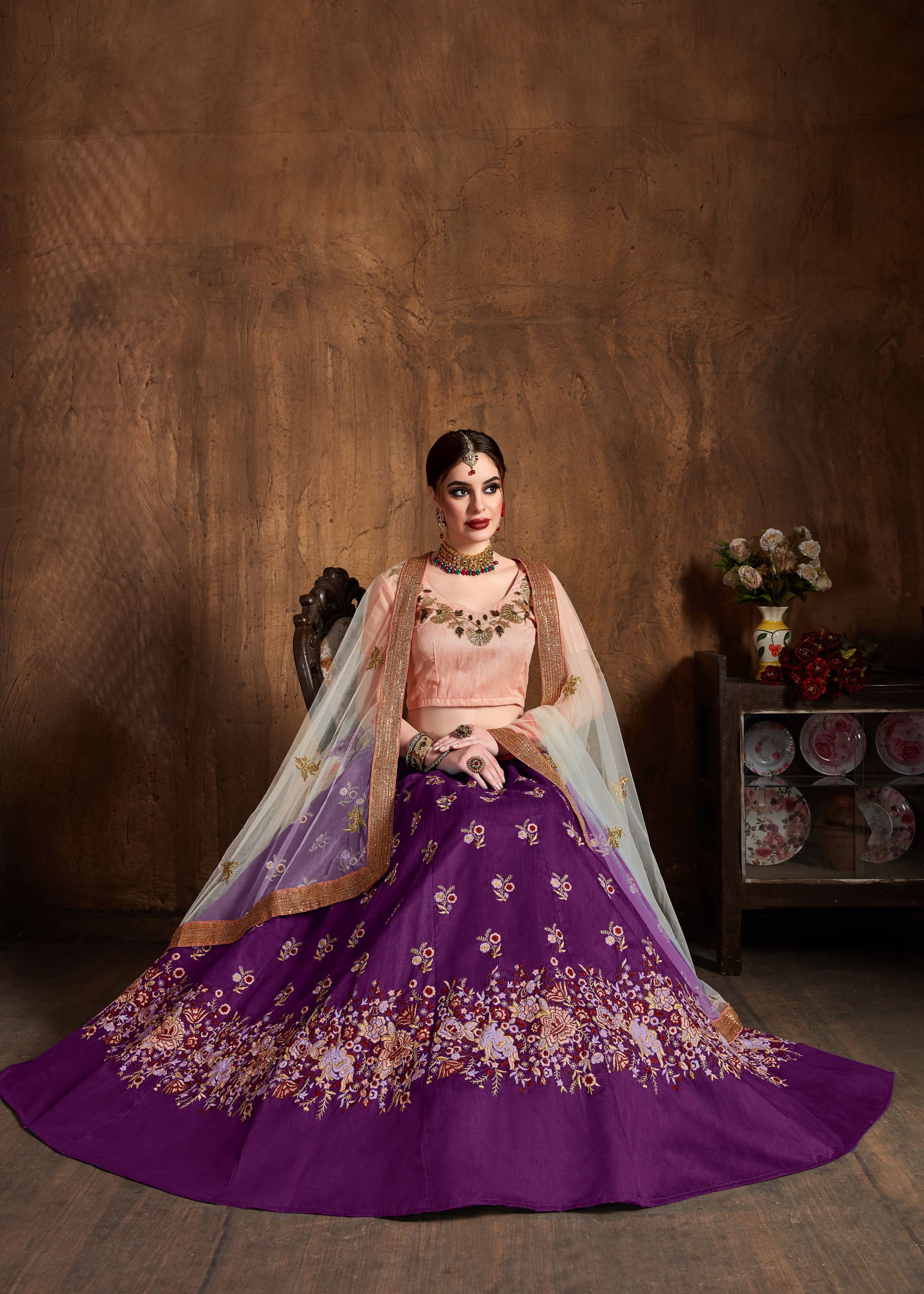 Purple Lehenga Choli With Sequins, Resham Thread And Dori Embroidery