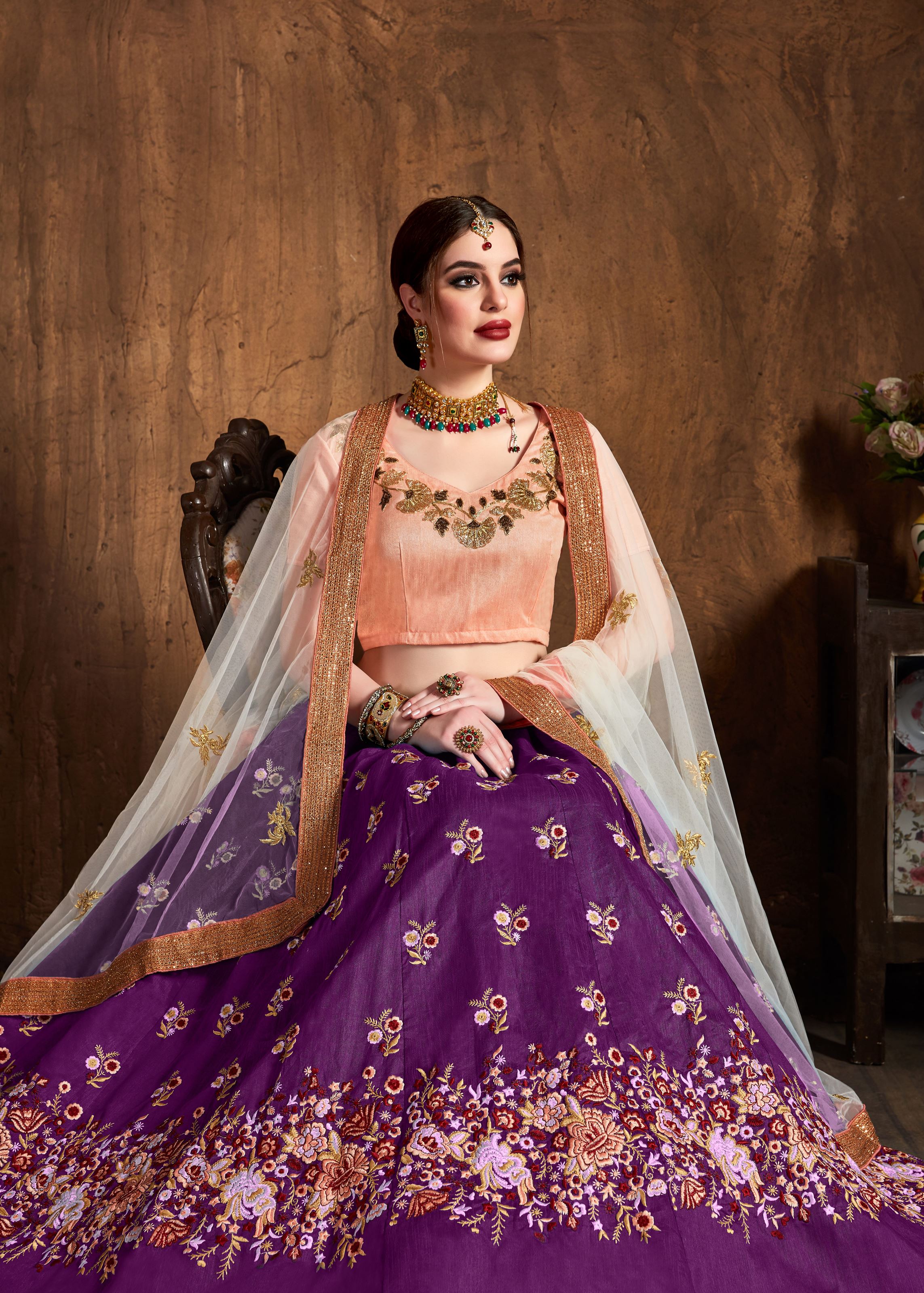 Purple Lehenga Choli With Sequins, Resham Thread And Dori Embroidery