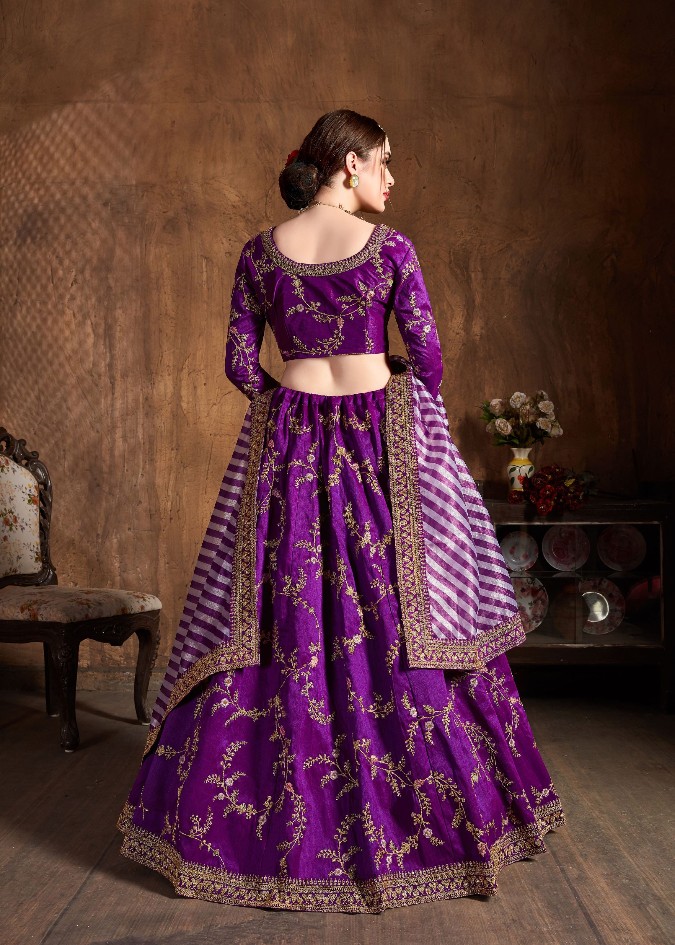 Purple Lehenga Choli With Zari, Sequins, Thread And Dori Embroidery