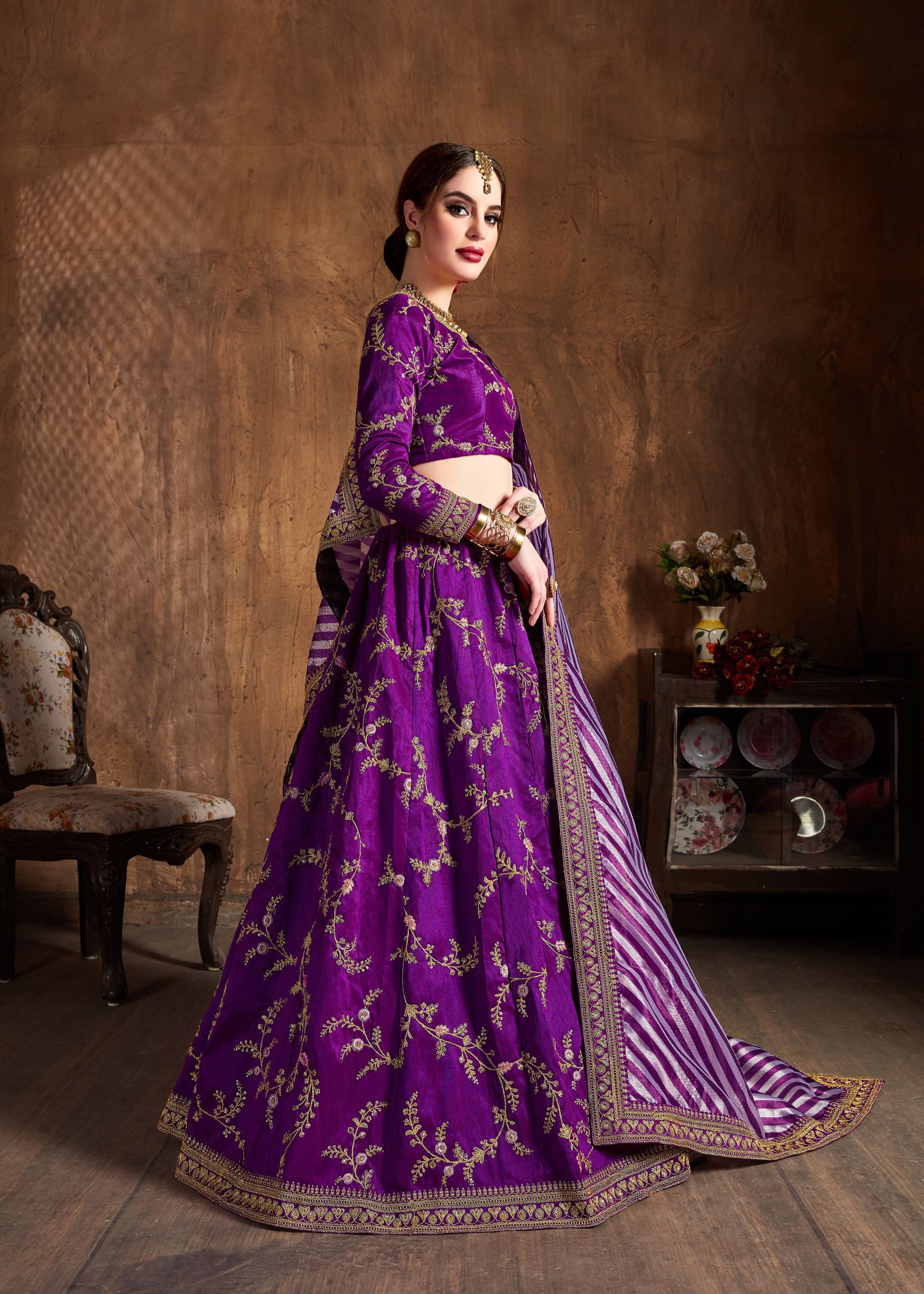 Purple Lehenga Choli With Zari, Sequins, Thread And Dori Embroidery