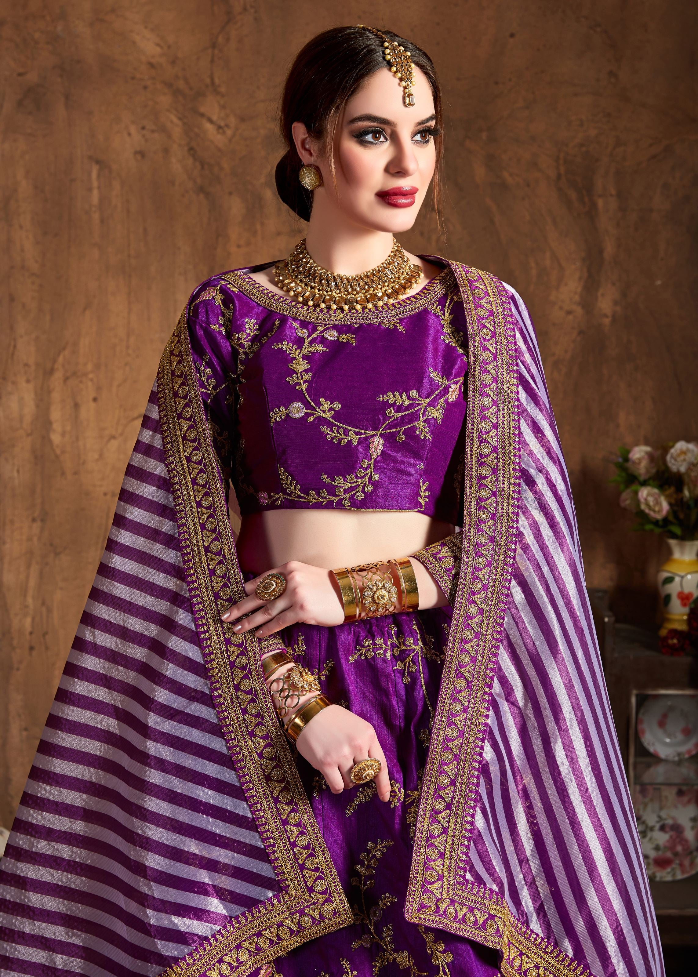 Purple Lehenga Choli With Zari, Sequins, Thread And Dori Embroidery