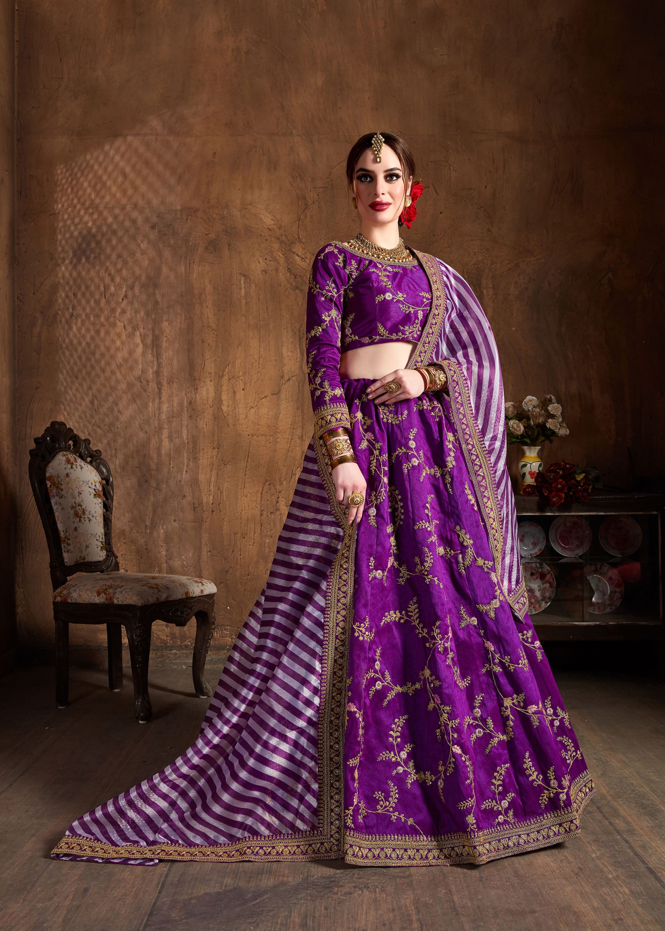 Purple Lehenga Choli With Zari, Sequins, Thread And Dori Embroidery