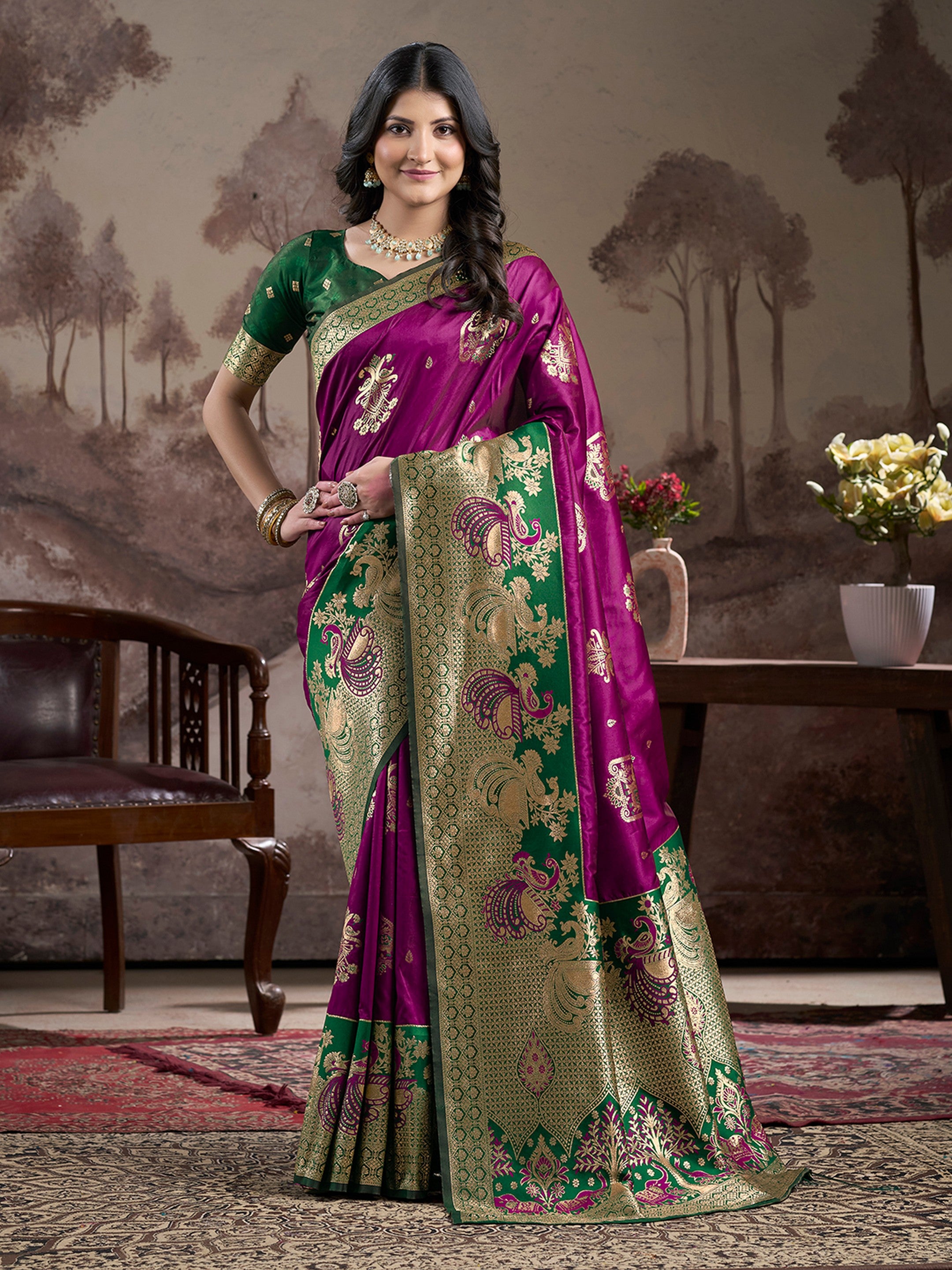 Purple Lichi Silk Woven Rich Pallu Designer Heavy Partywear Saree