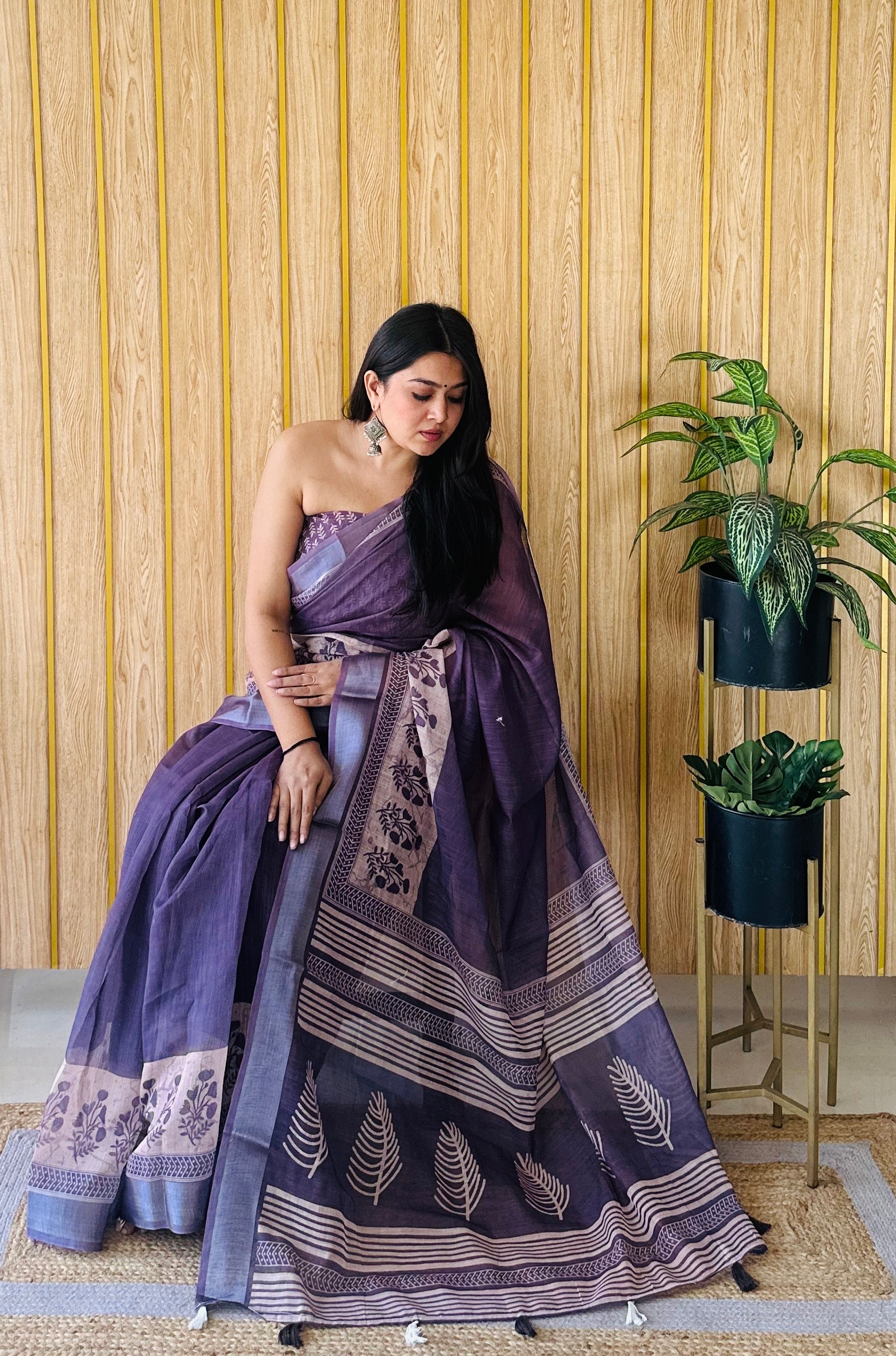 Purple Linen Cotton Digital Batik Printed Traditional Looks Saree
