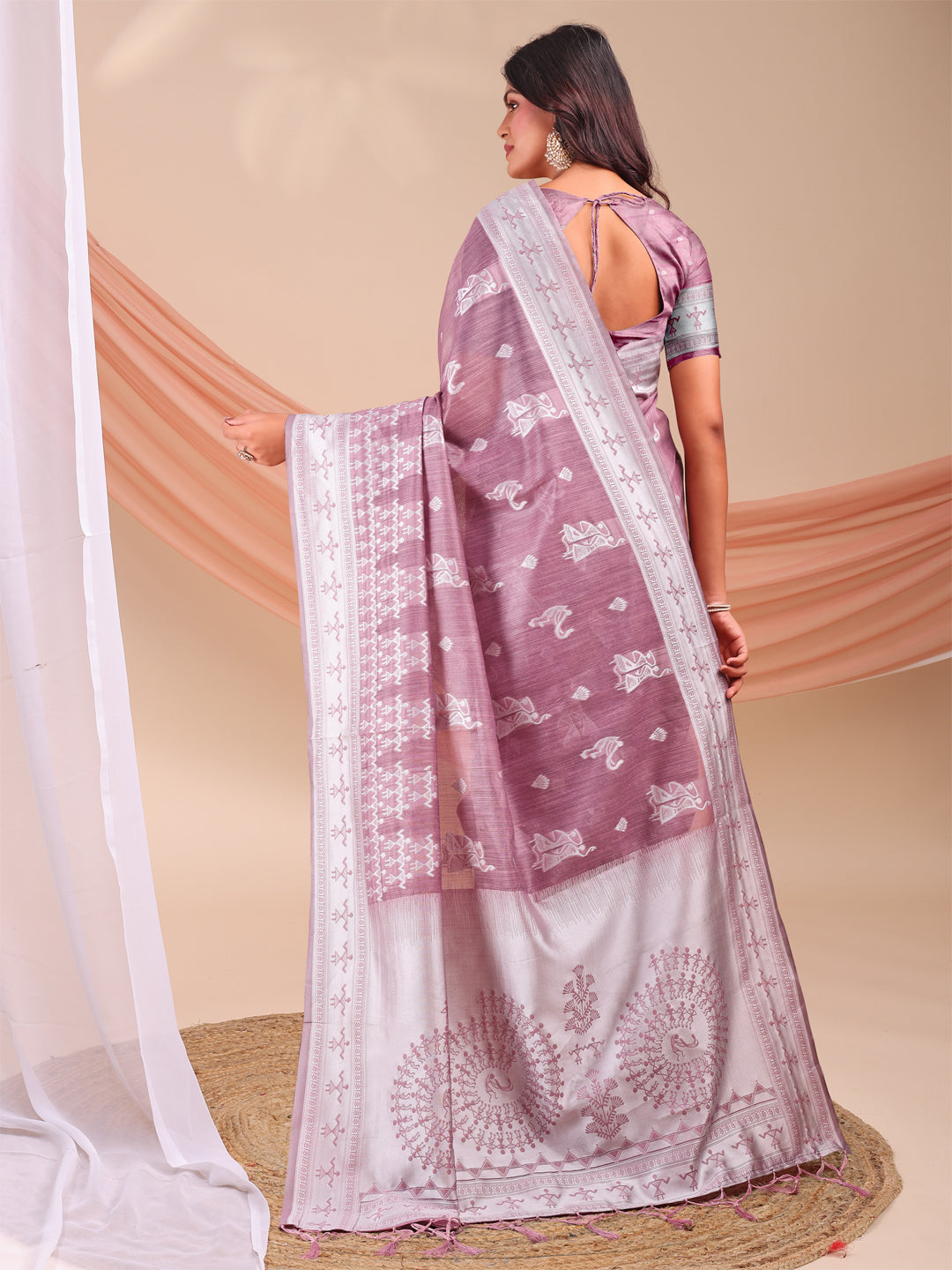 Purple Linen Cotton Woven Jacquard Designer Beautiful Partywear Saree