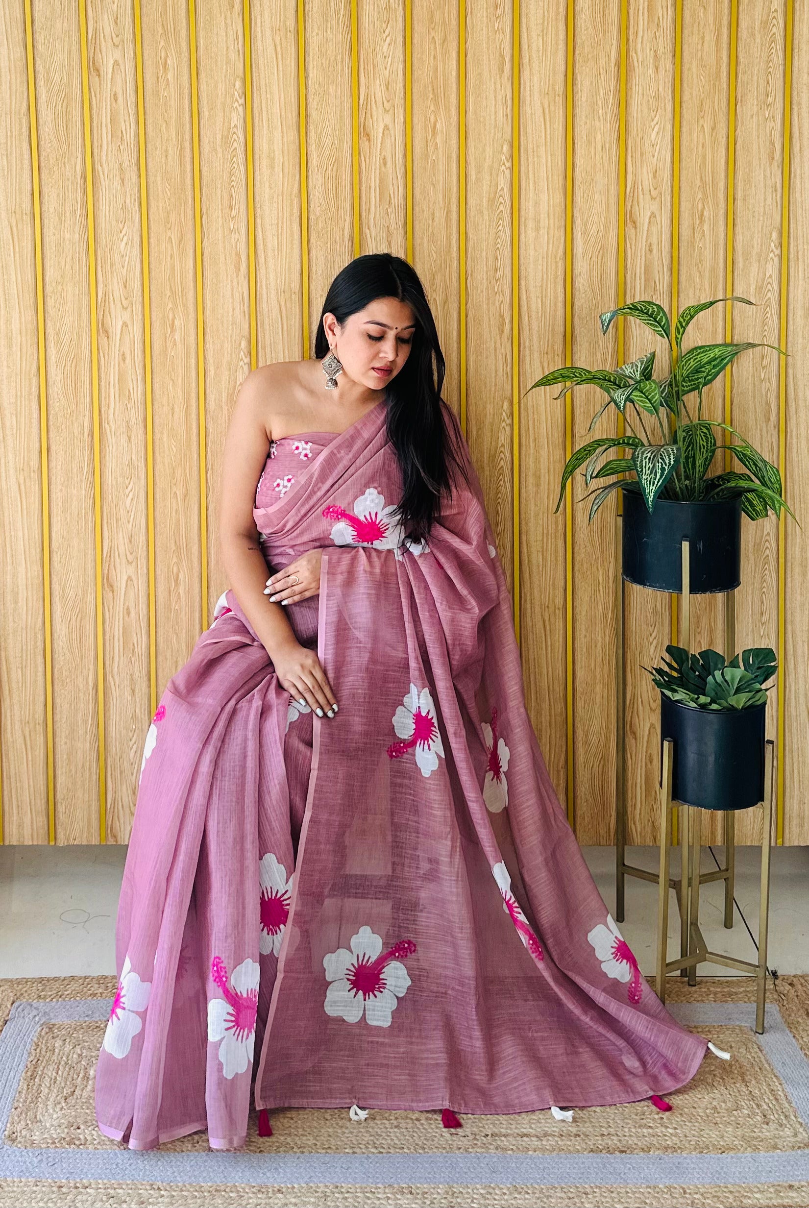 Purple Linen Floral Printed Girlie Looks Saree