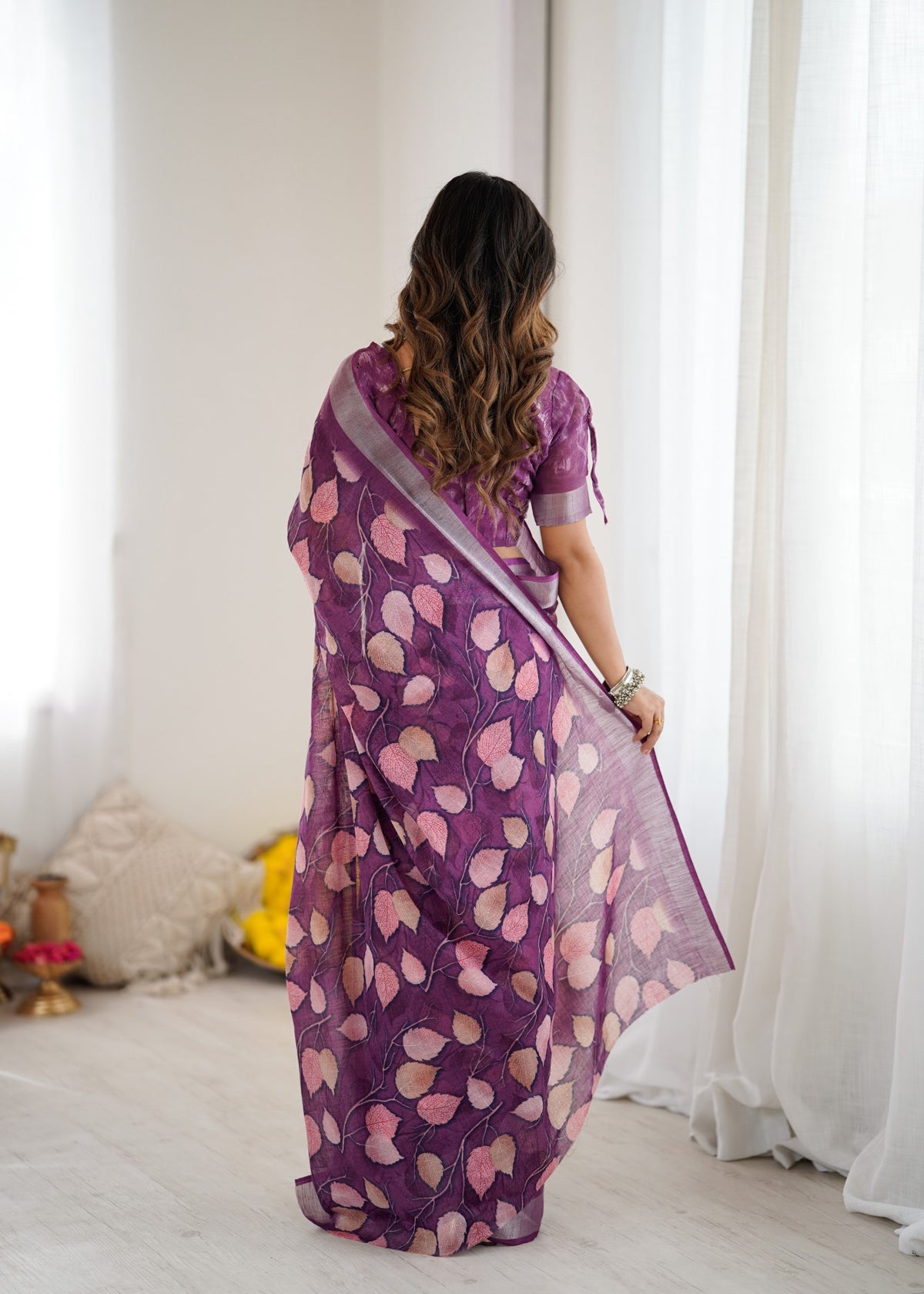 Purple Linen Patta Saree With Printed Design