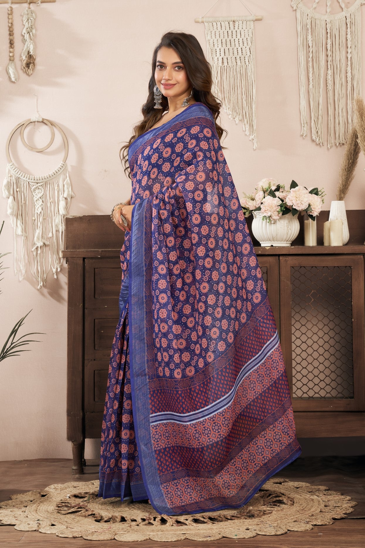 Purple Linen Ready To Wear Saree With Zari Border Printed