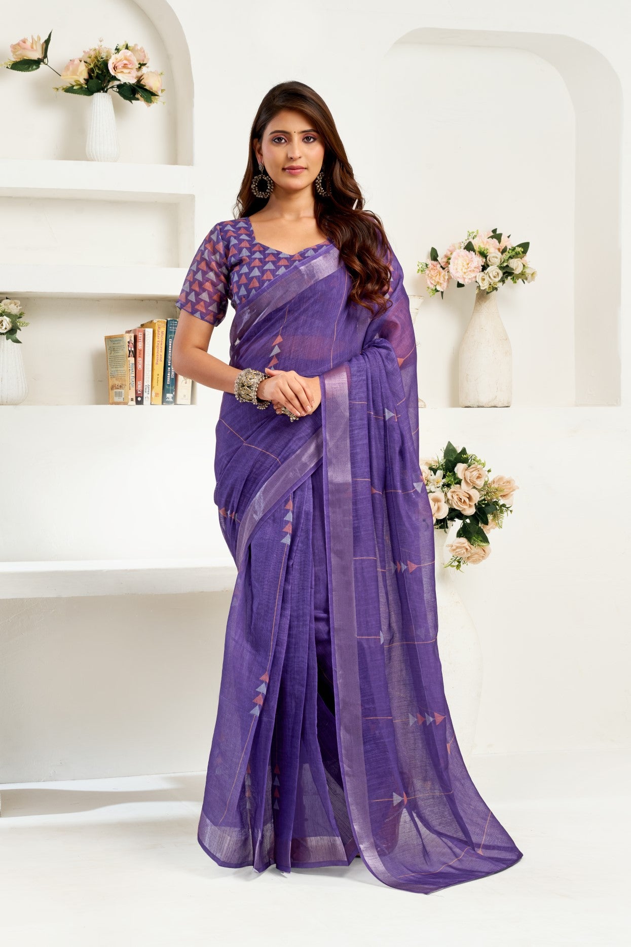 Purple Linen Ready To Wear Saree With Zari Border Printed