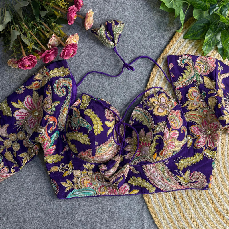 Purple Luxe Masaba-Inspired Silk Blouse with Embroidery & Sequins