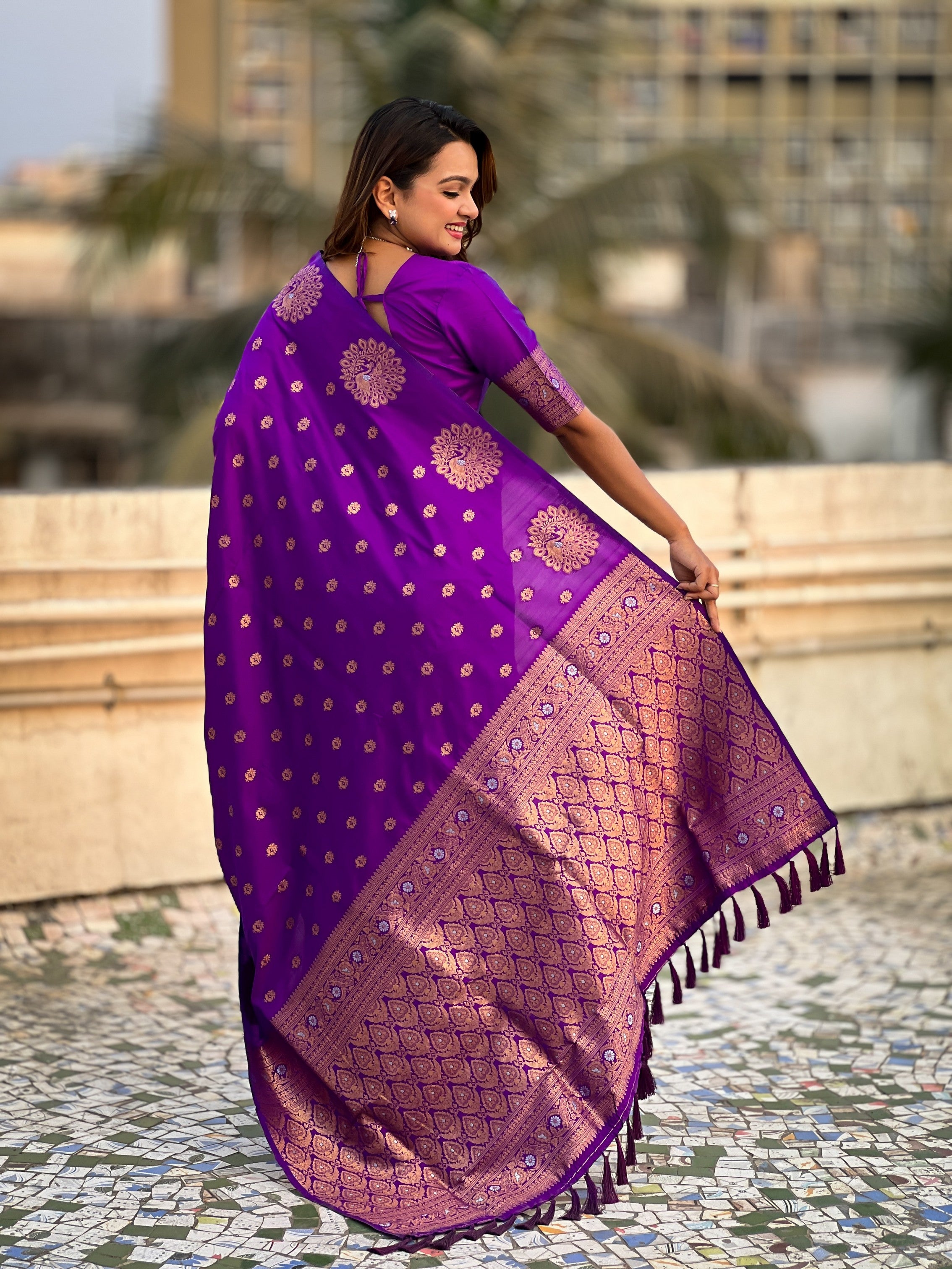 Purple Moonga Silk Woven Dual Jari Peacock Designer Heavy Festive Wear Saree
