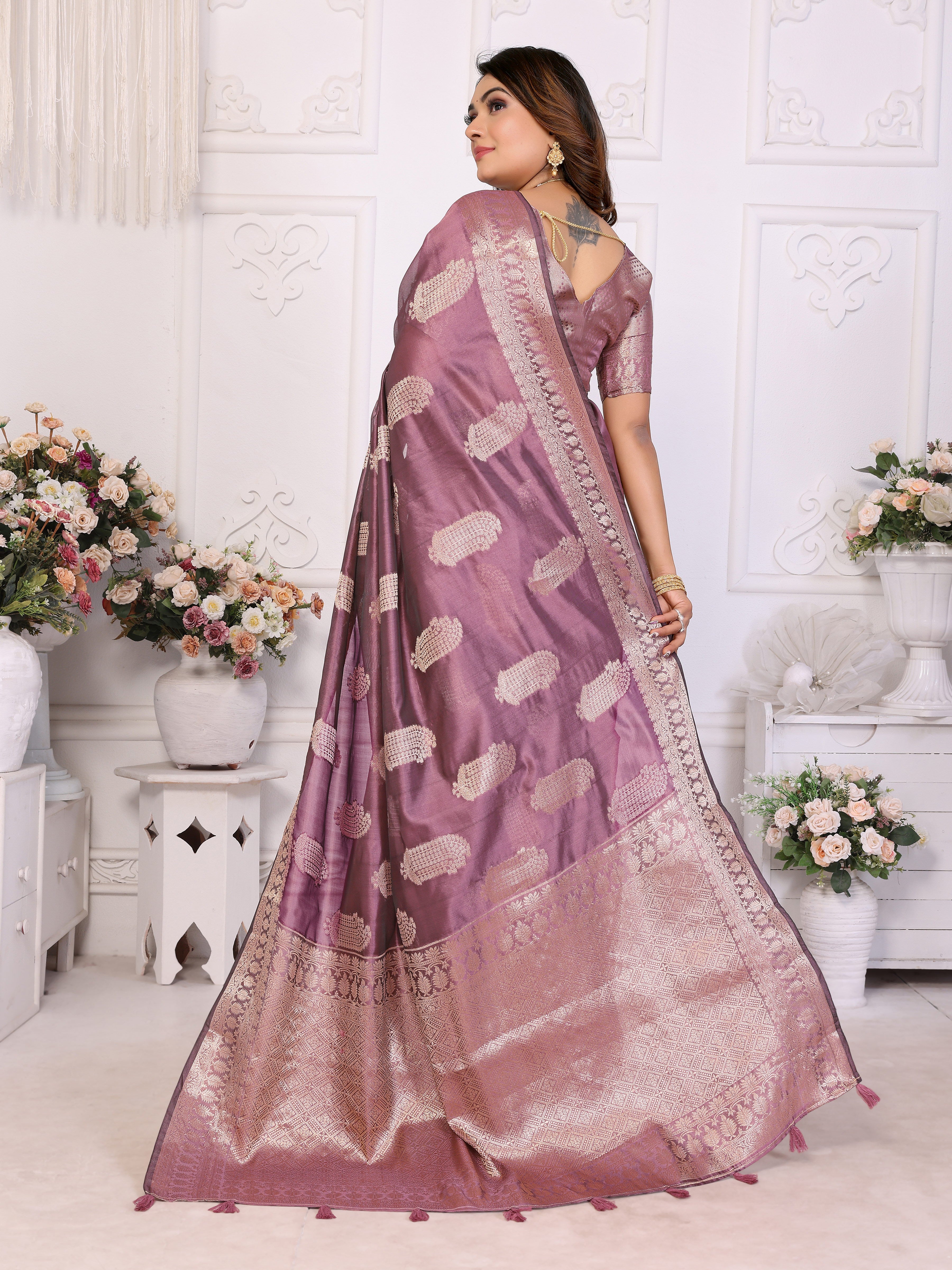 Purple Organza Gold Zari Designer Beautiful Festive Saree