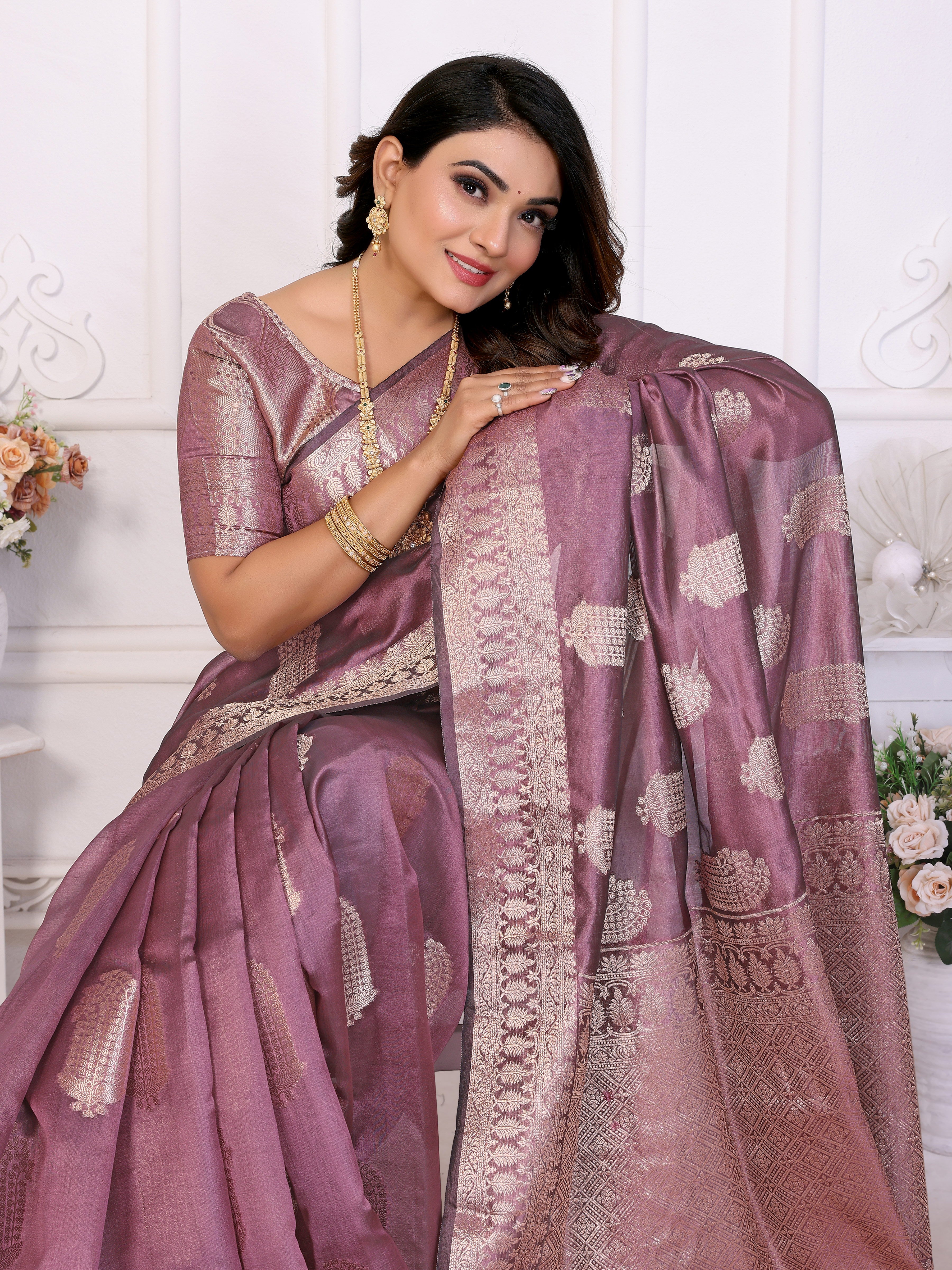 Purple Organza Gold Zari Designer Beautiful Festive Saree