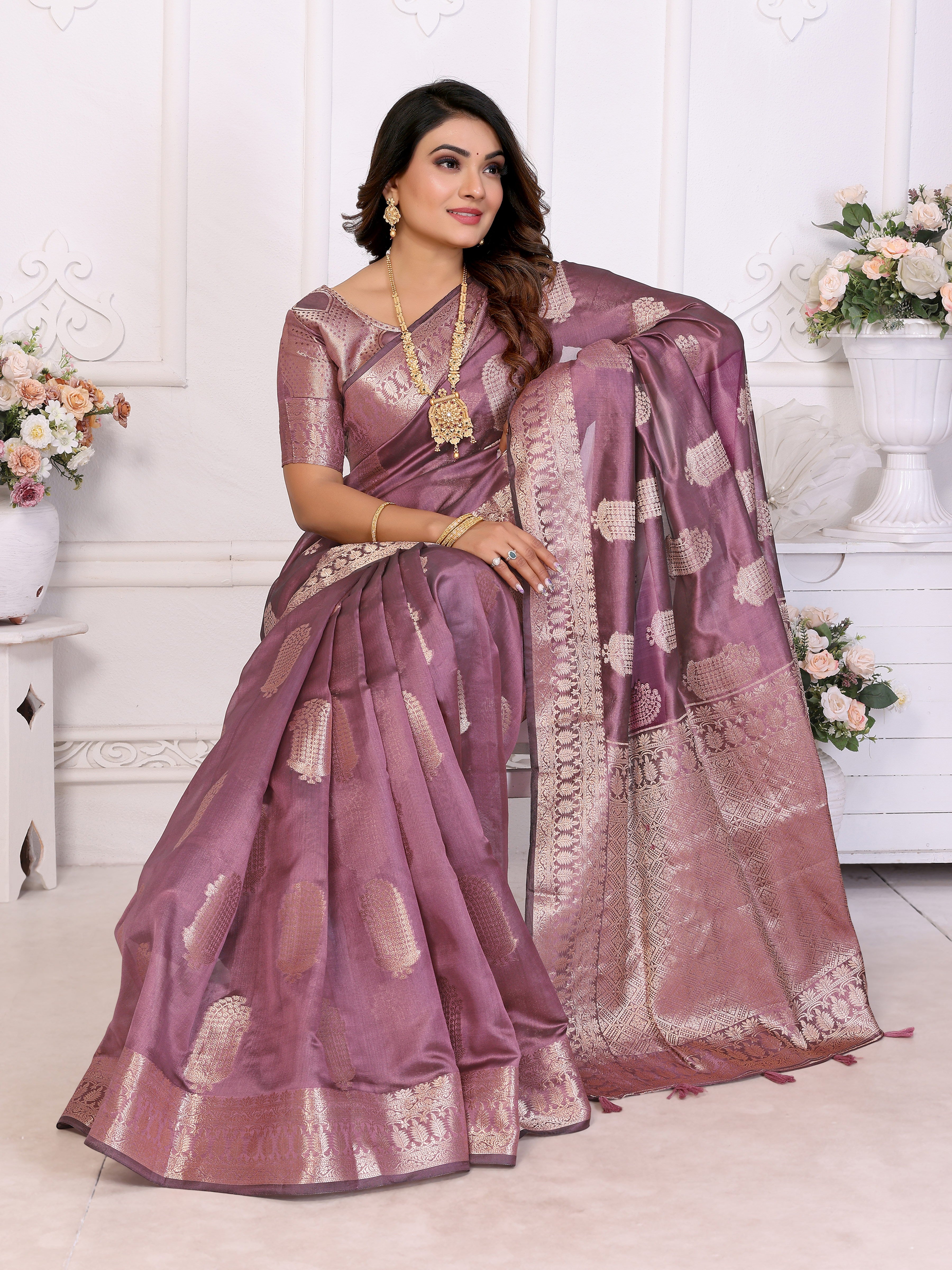 Purple Organza Gold Zari Designer Beautiful Festive Saree