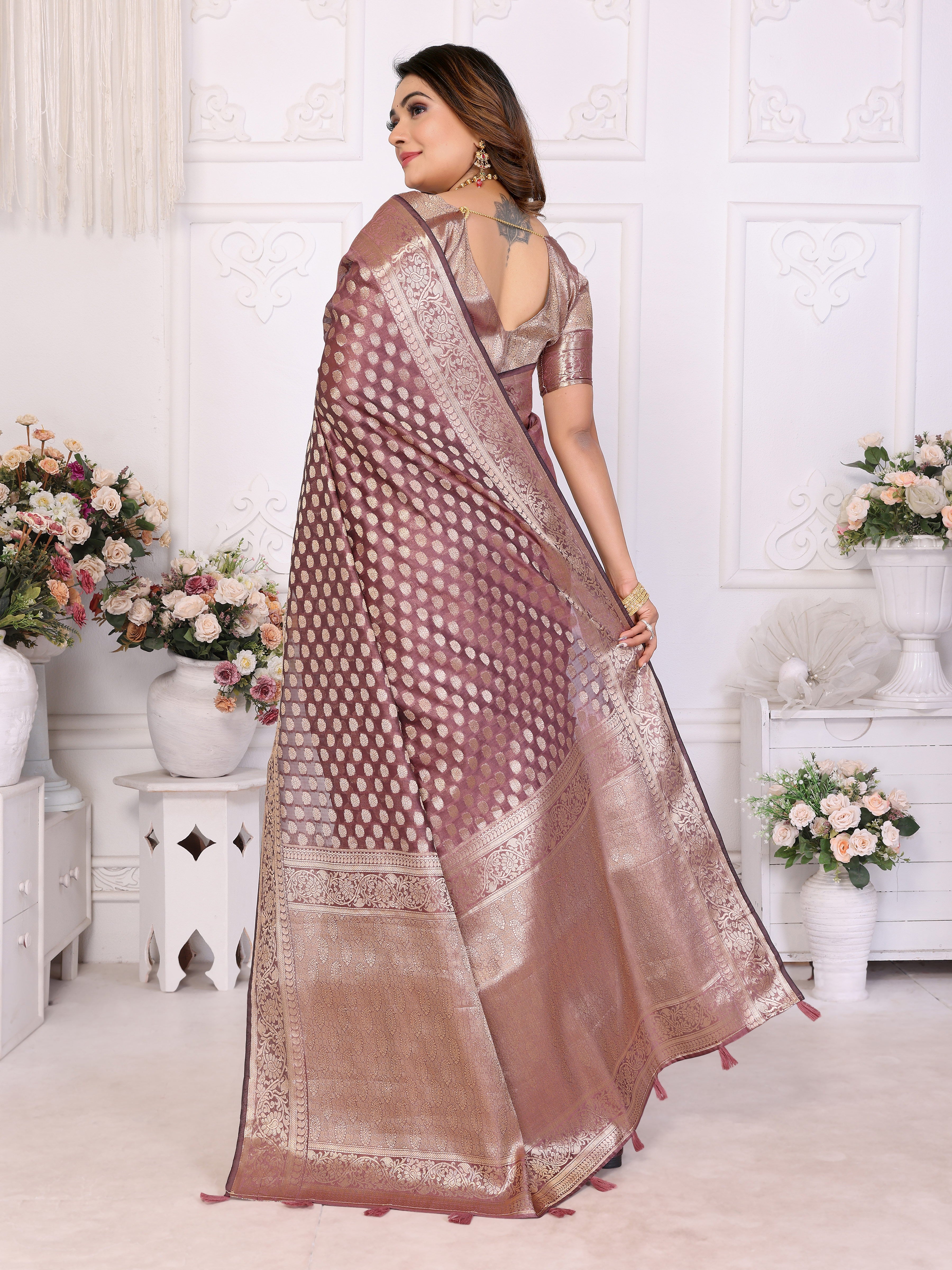 Purple Organza Gold Zari Designer Ceremonial Saree