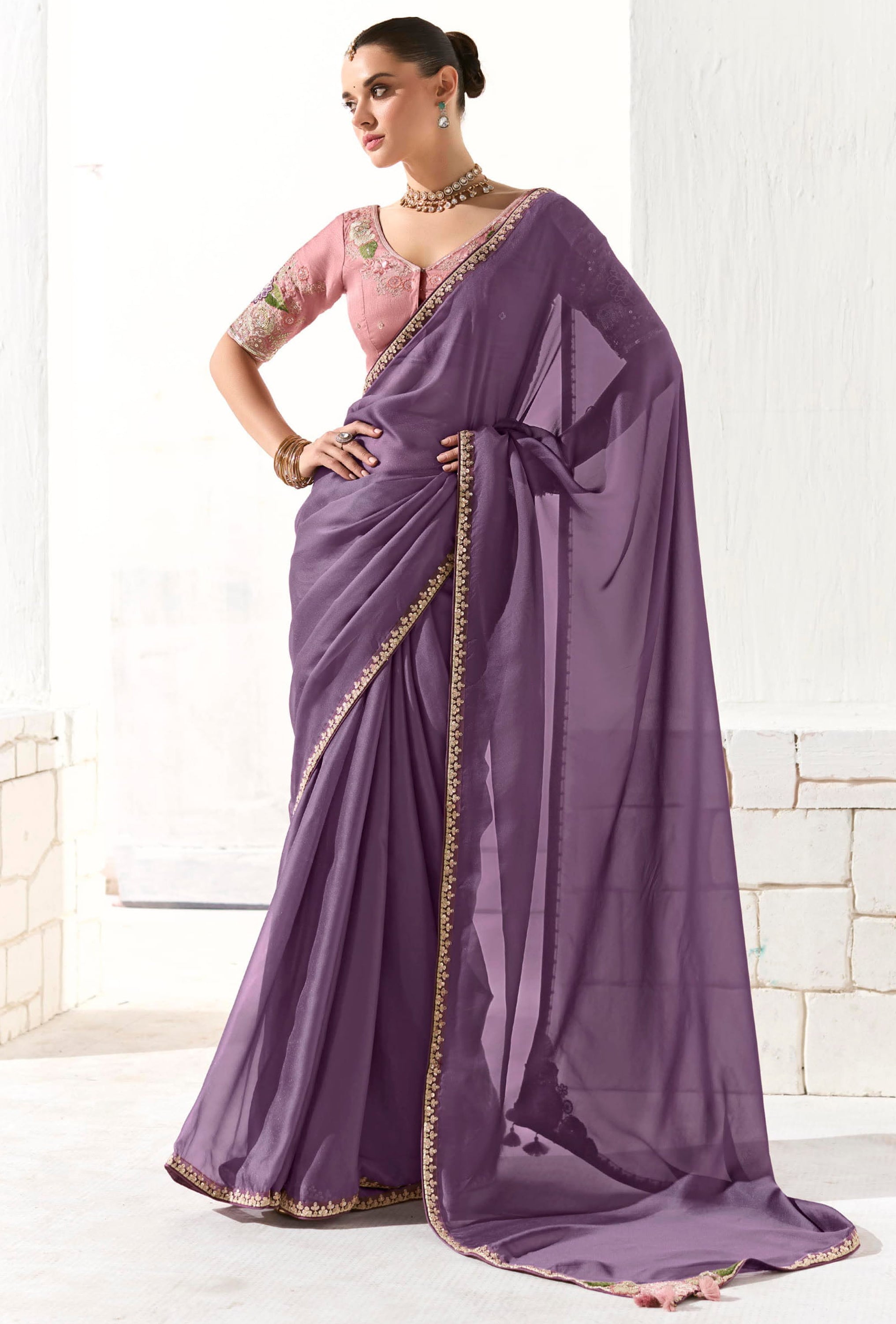 Purple Organza Tissue Saree With Heavy Work Border With Embroidered Blouse