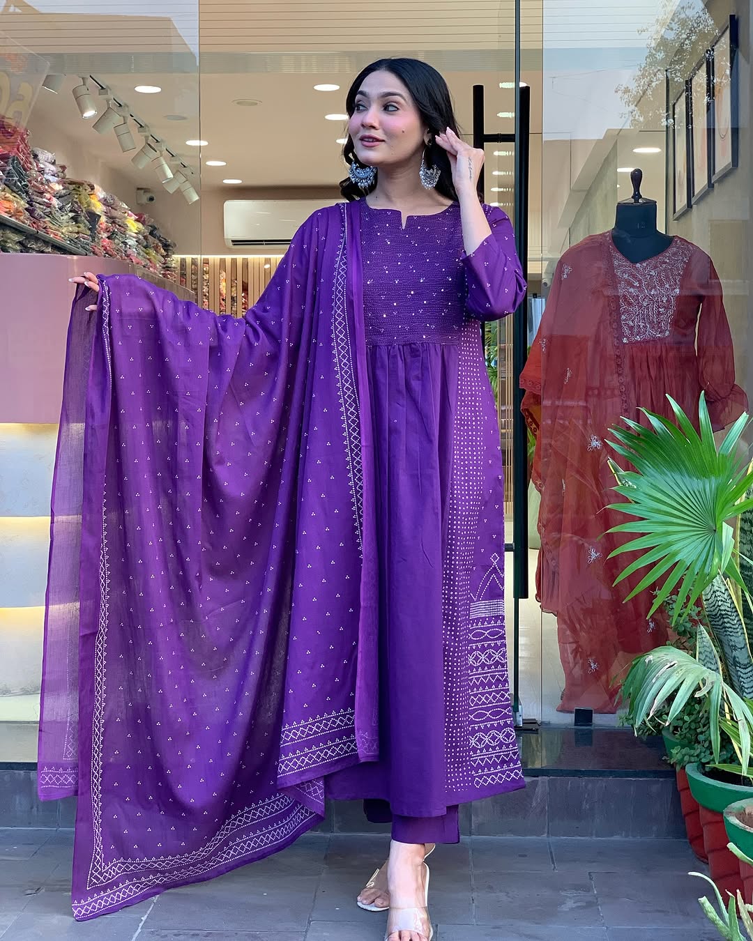 Purple P.V Chanderi Kurta Pant Set With Print With Thread Embroidery Work