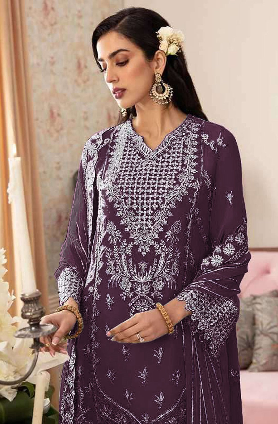 Purple Pakistani Salwar Suit With Heavy Embroidery Work