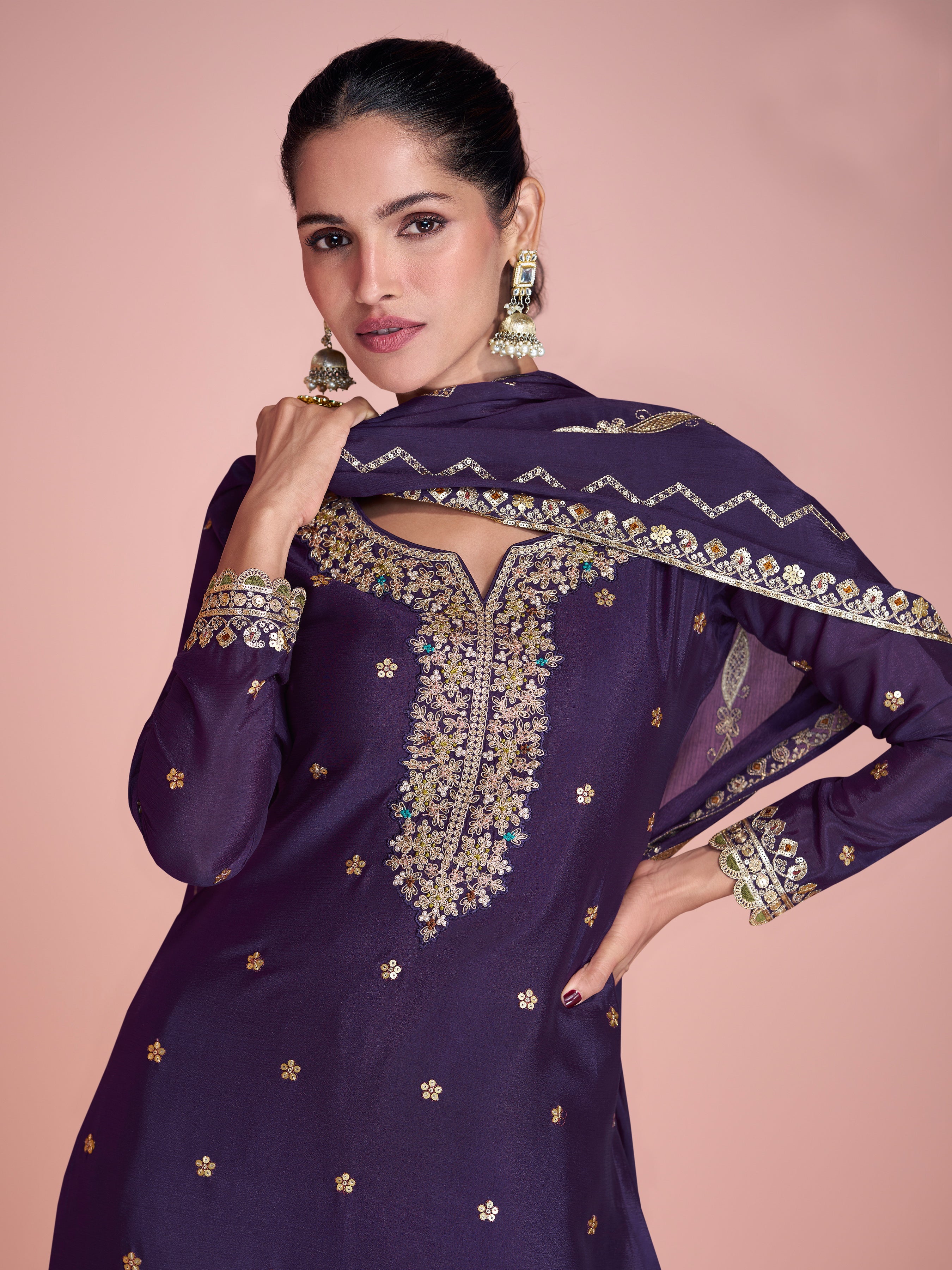 Purple Palazo Suit With Heavy Embroidery Work