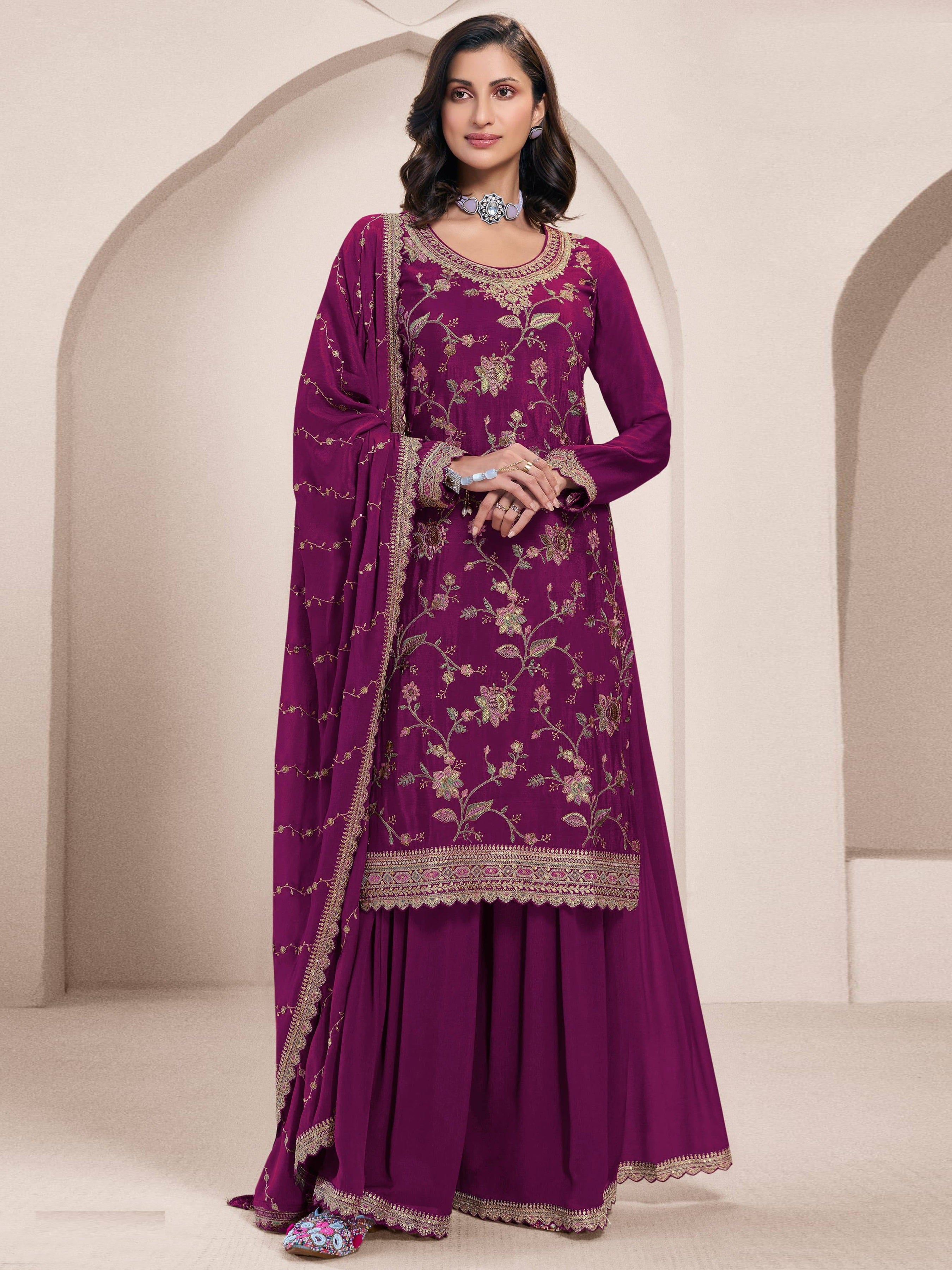 Purple Palazzo Style Salwar Suit With Heavy Embroidery Work