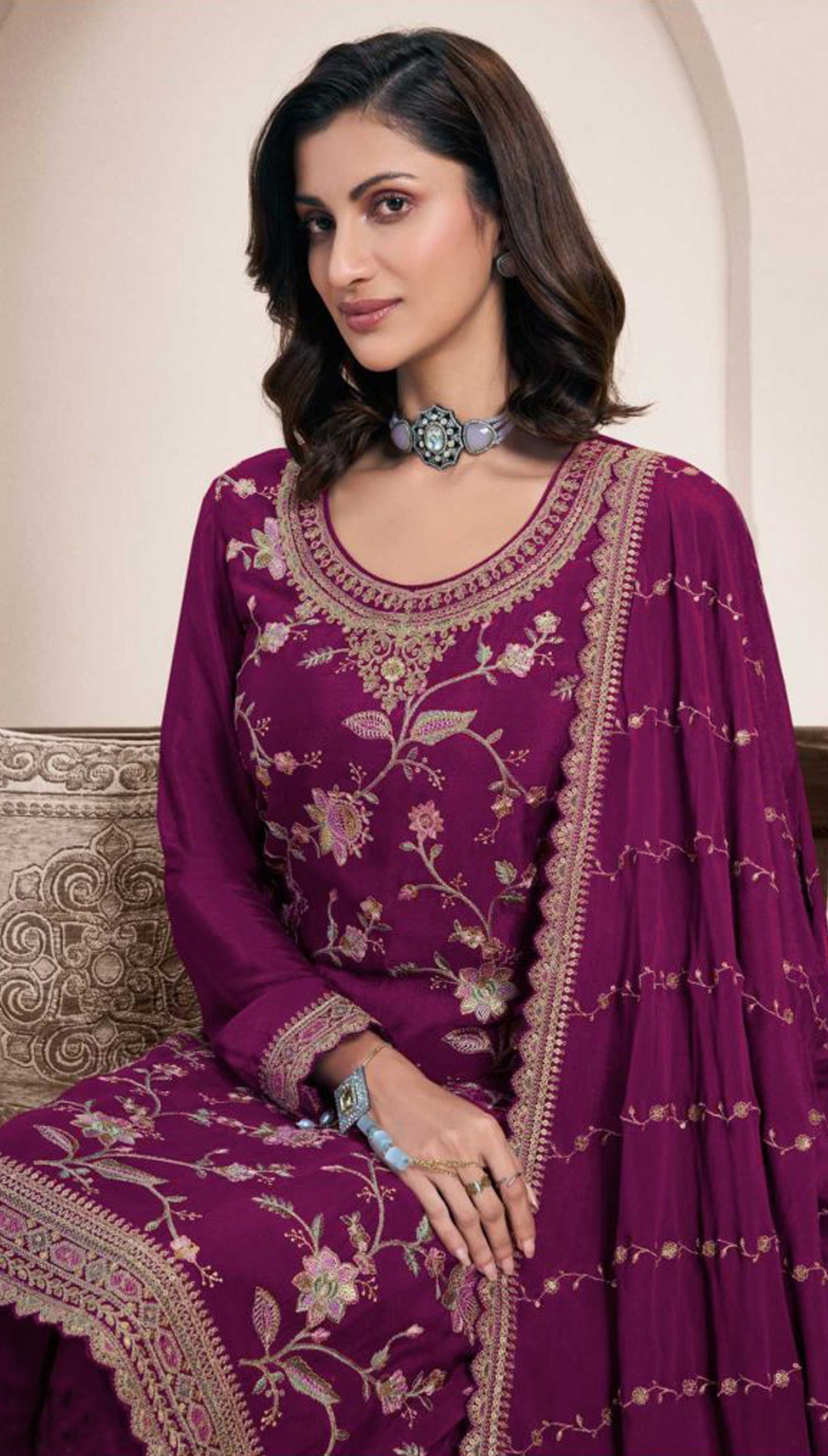 Purple Palazzo Style Salwar Suit With Heavy Embroidery Work