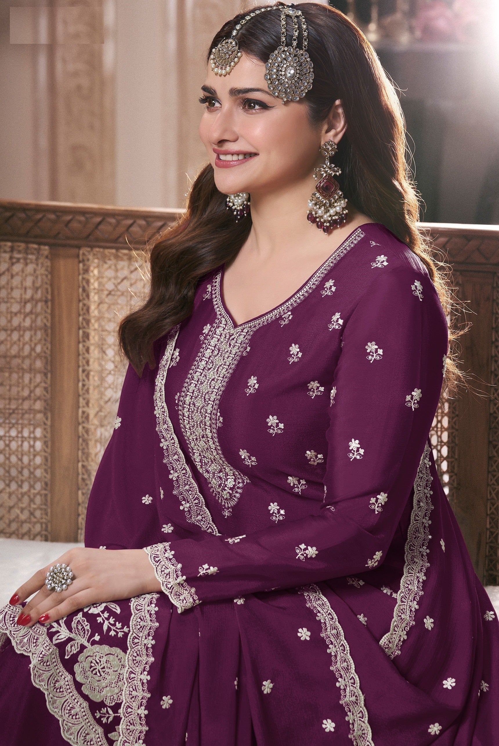 Purple Palazzo Style Salwar Suit With Heavy Embroidery Work