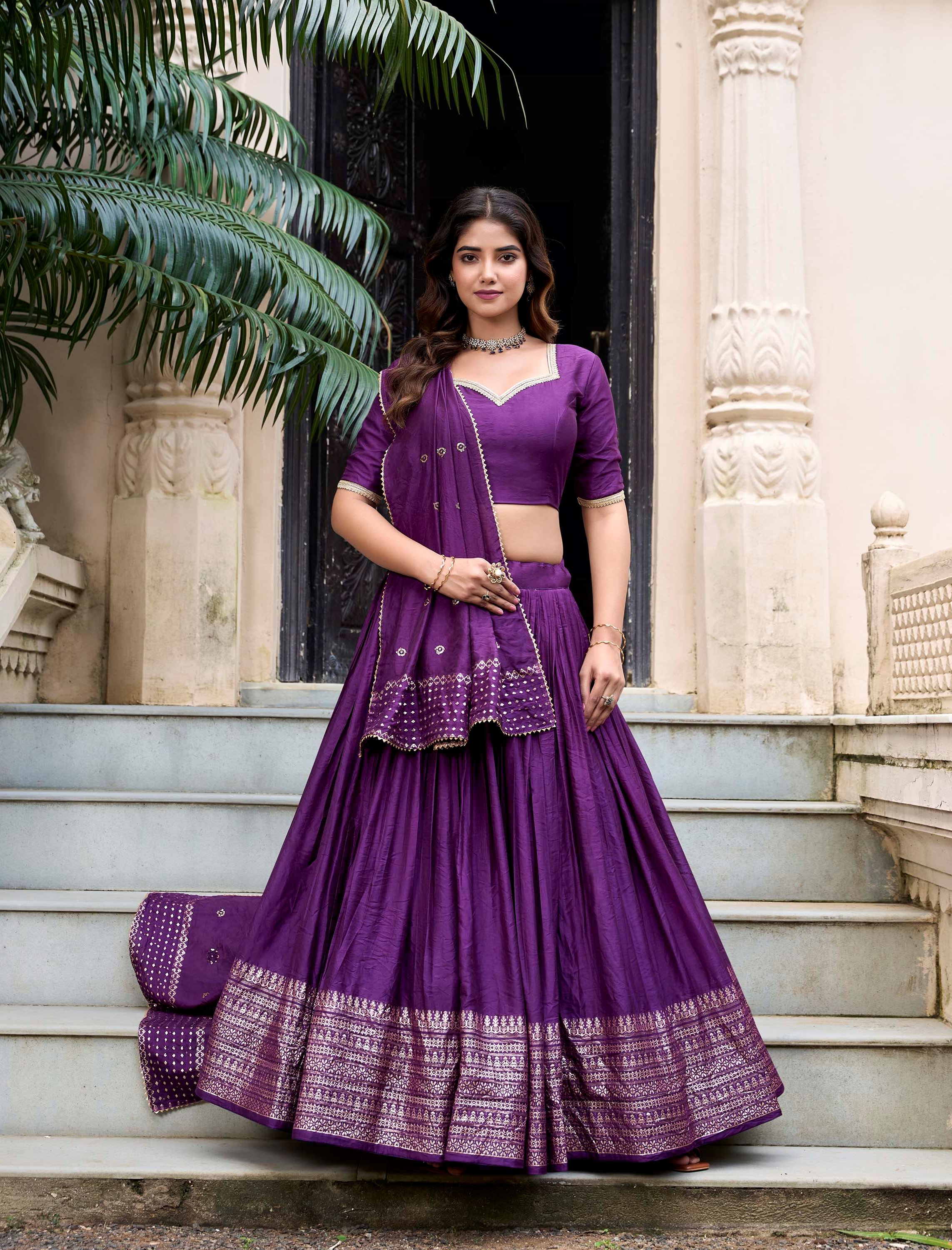 Purple Plain Chanderi Lehenga with Zari Weaving Finish