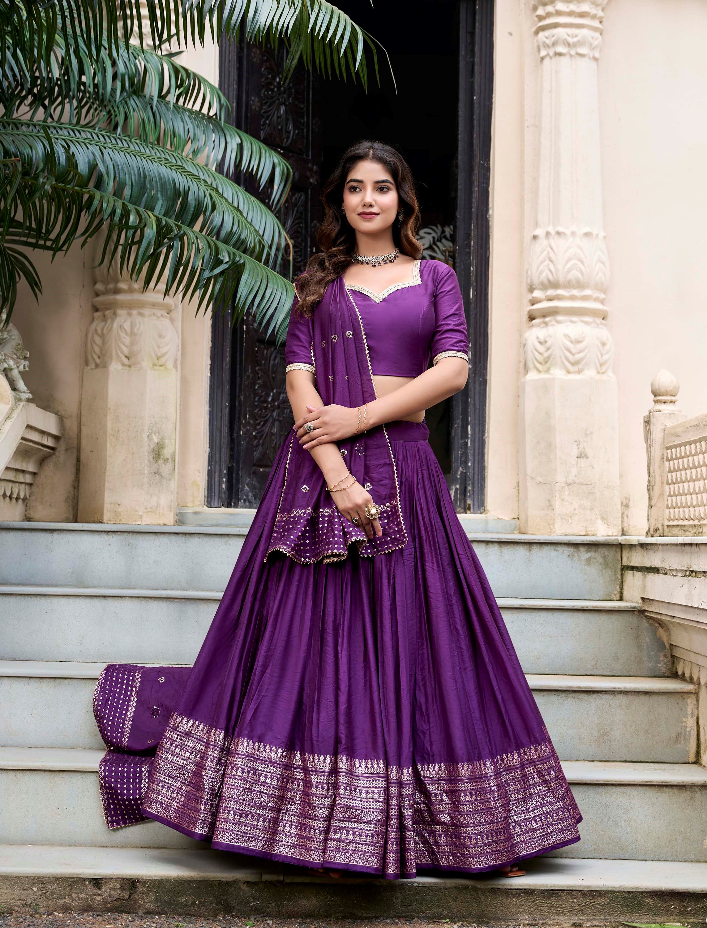 Purple Plain Chanderi Lehenga with Zari Weaving Finish
