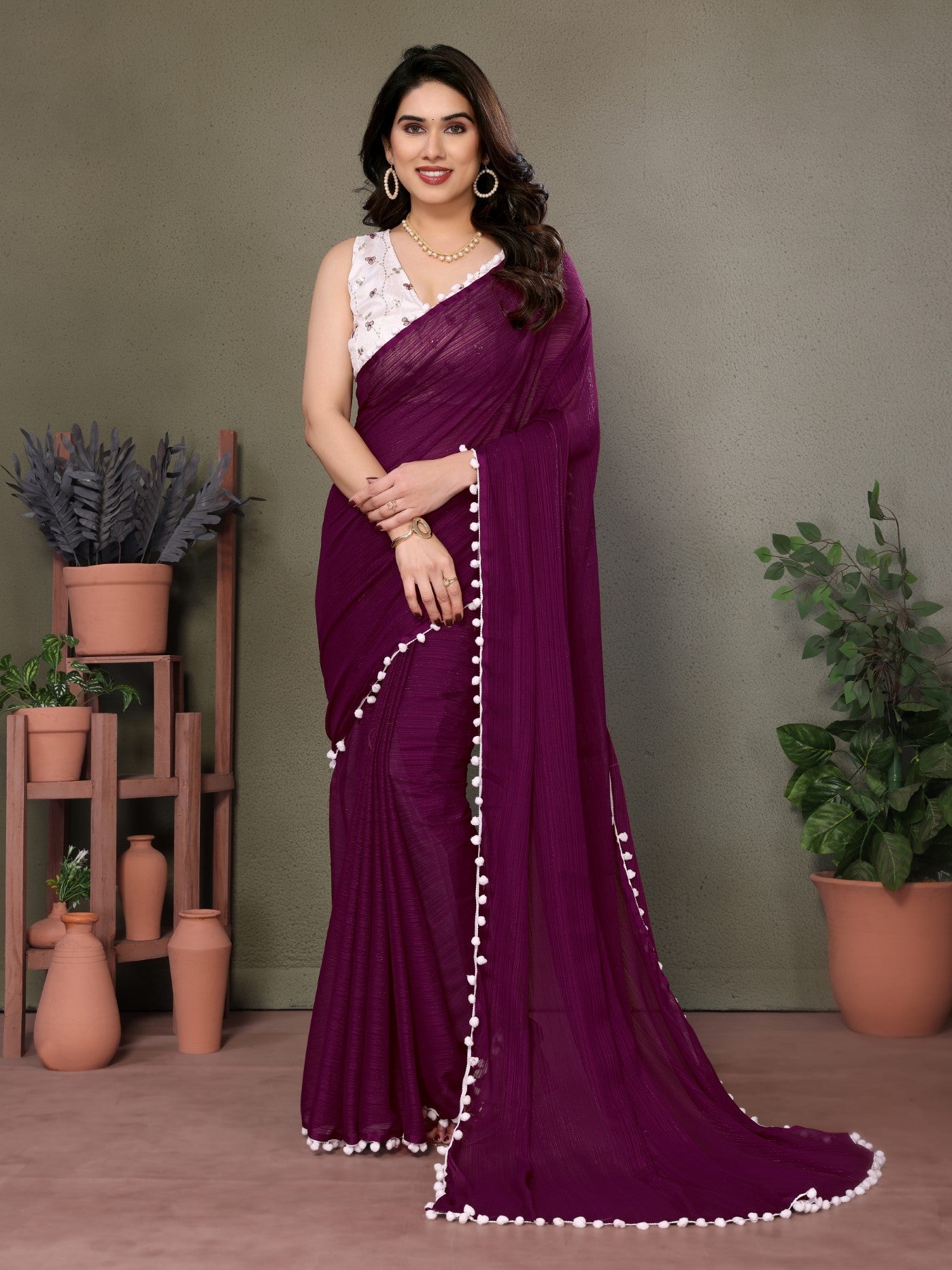Purple Polyester Zari Saree With Plain Saree With Embroidery Work Blouse And Pum Pum Lace