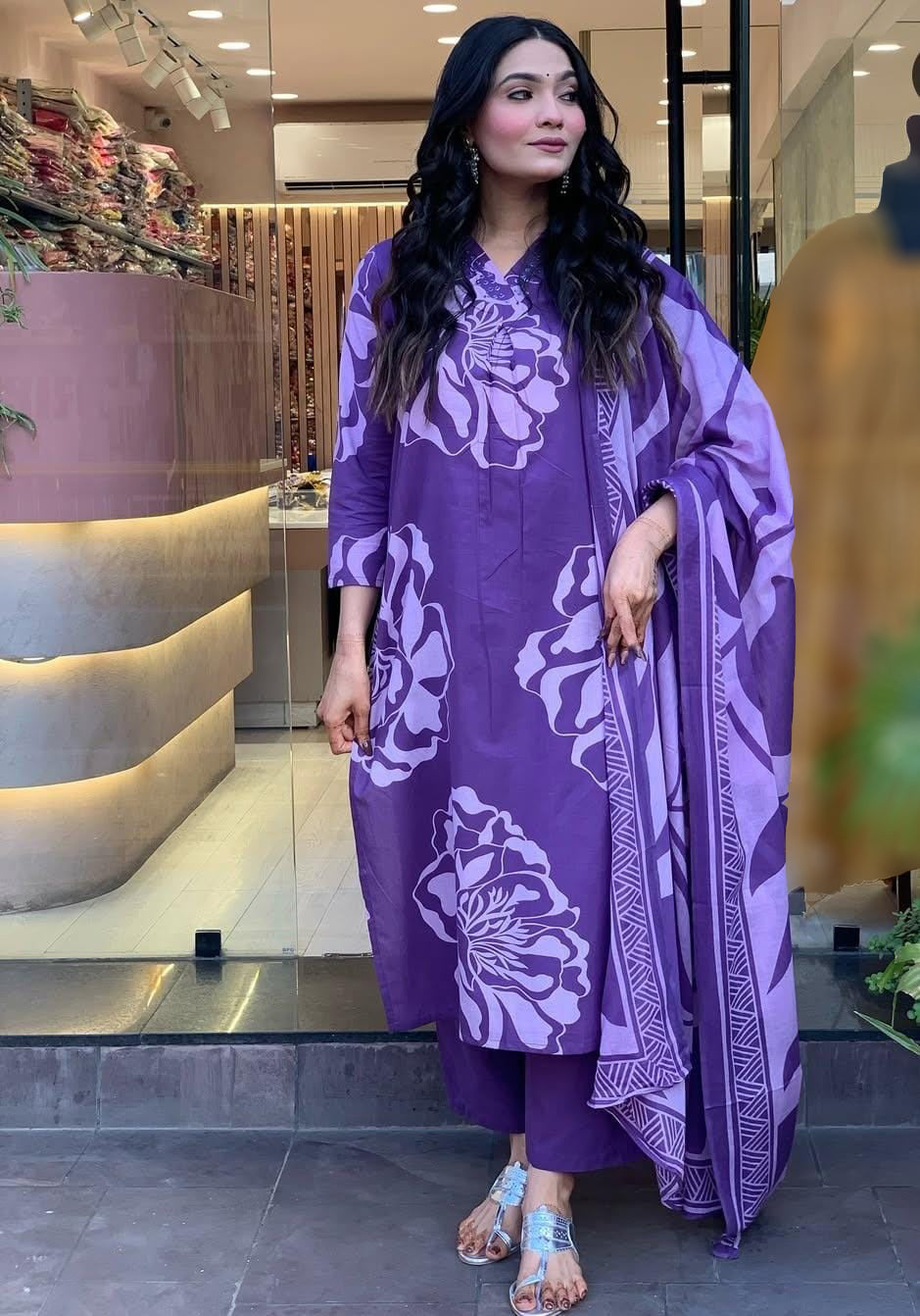 Purple Pure Mal Cotton Kurta Pant Set With Print With Thread Work On Neck