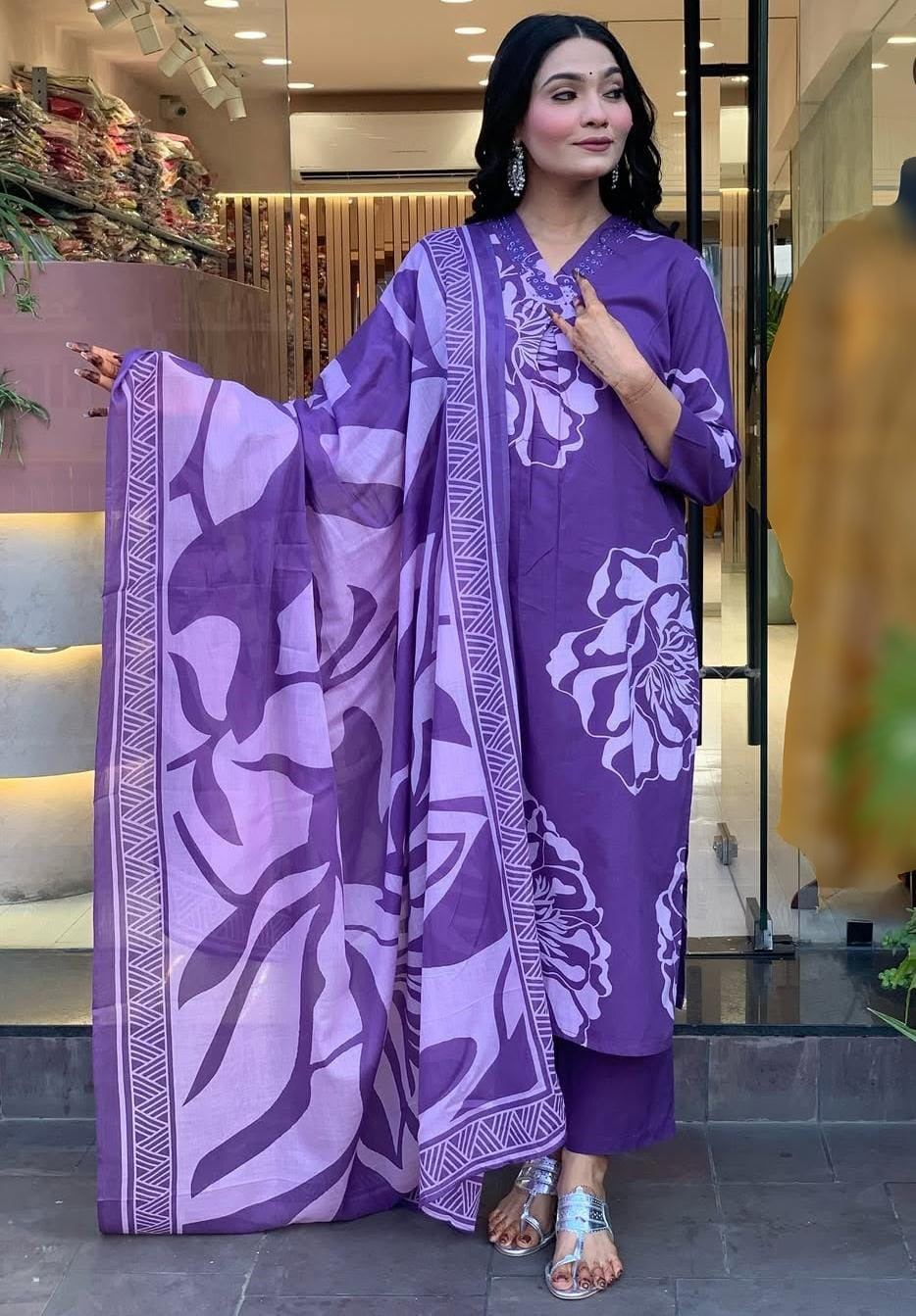 Purple Pure Mal Cotton Kurta Pant Set With Print With Thread Work On Neck