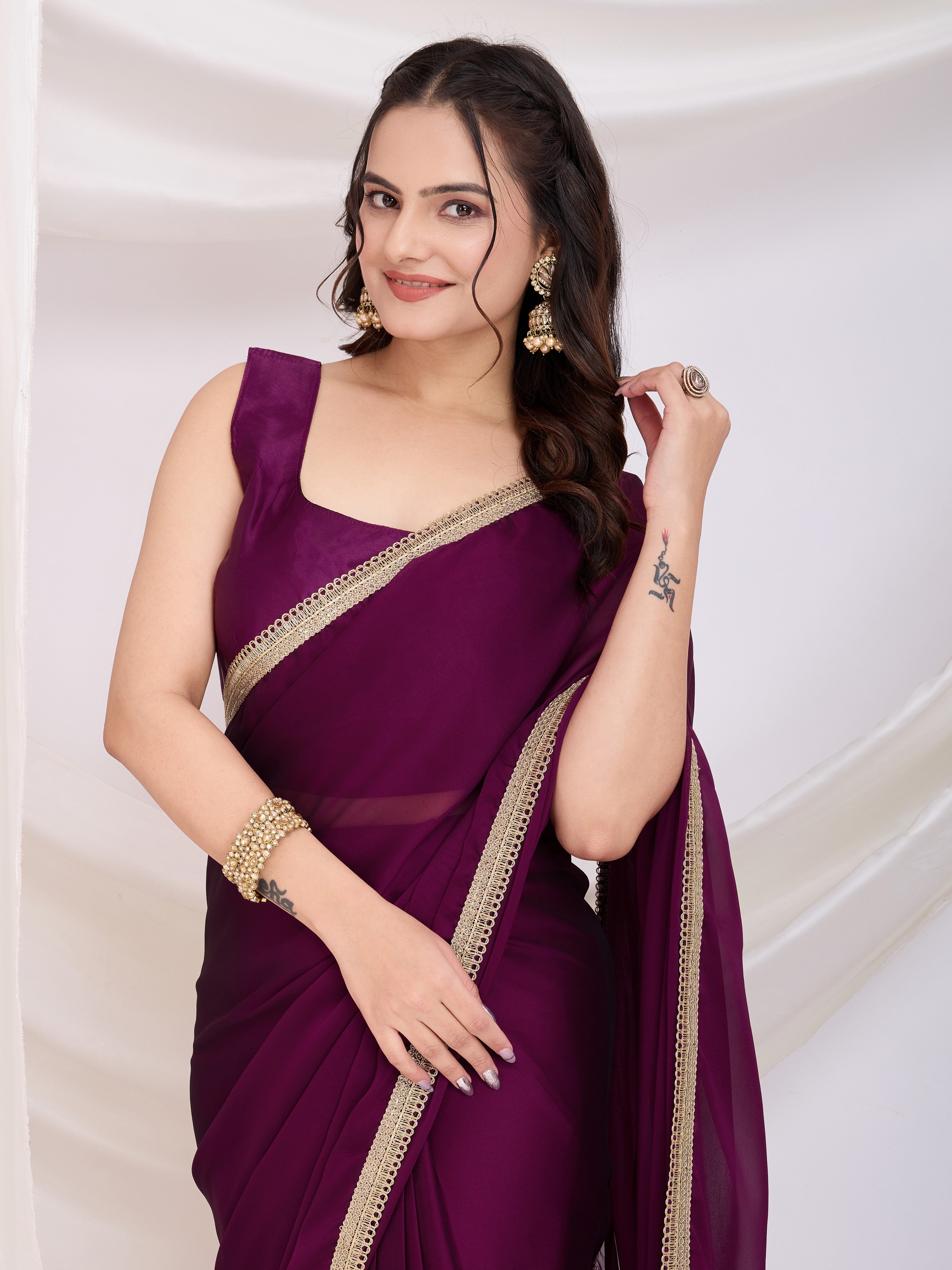 Purple Rangoli Silk Pre Stitched Solid Printed Saree With Lace Border