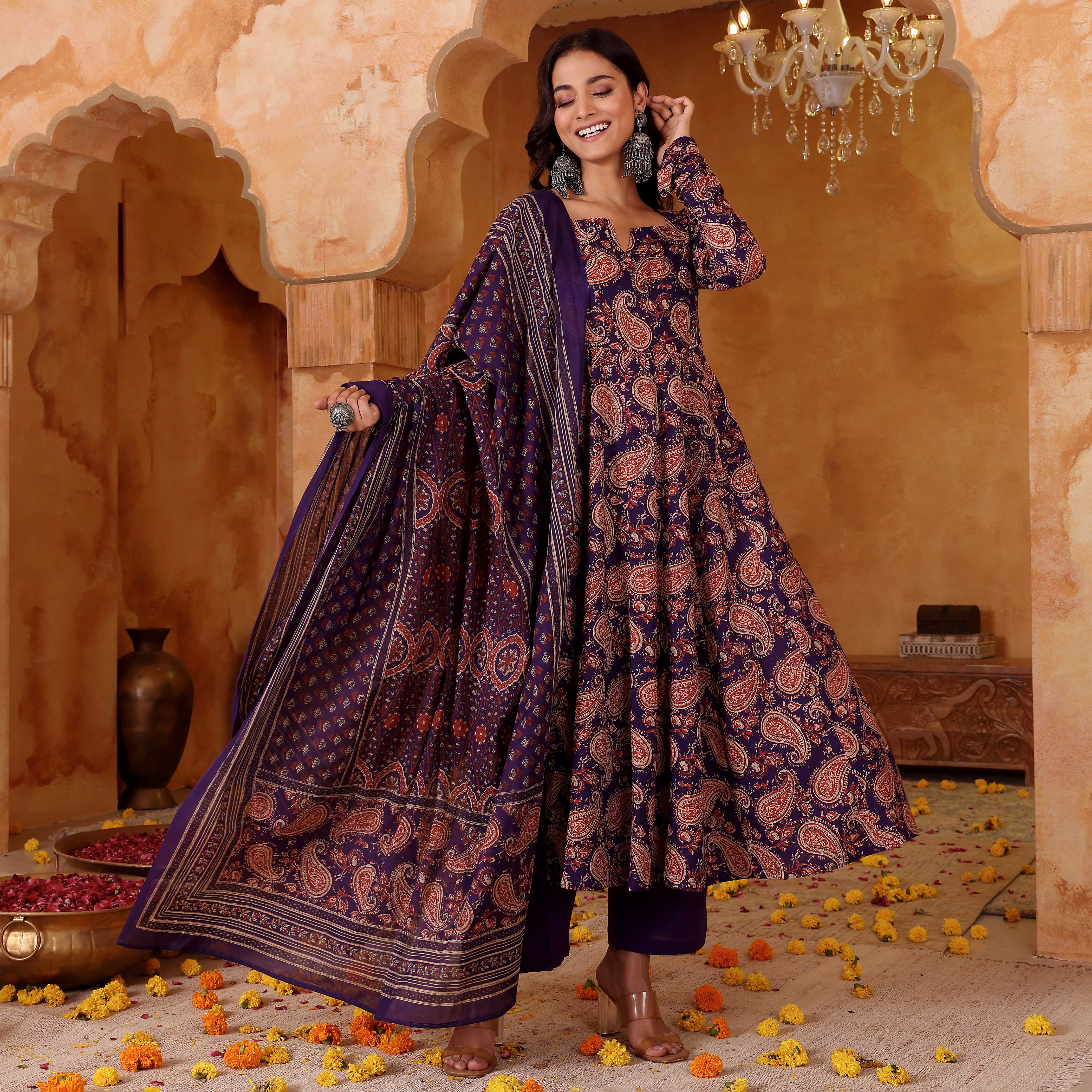 Purple Rayon Blend Kurta Pant Set Printed