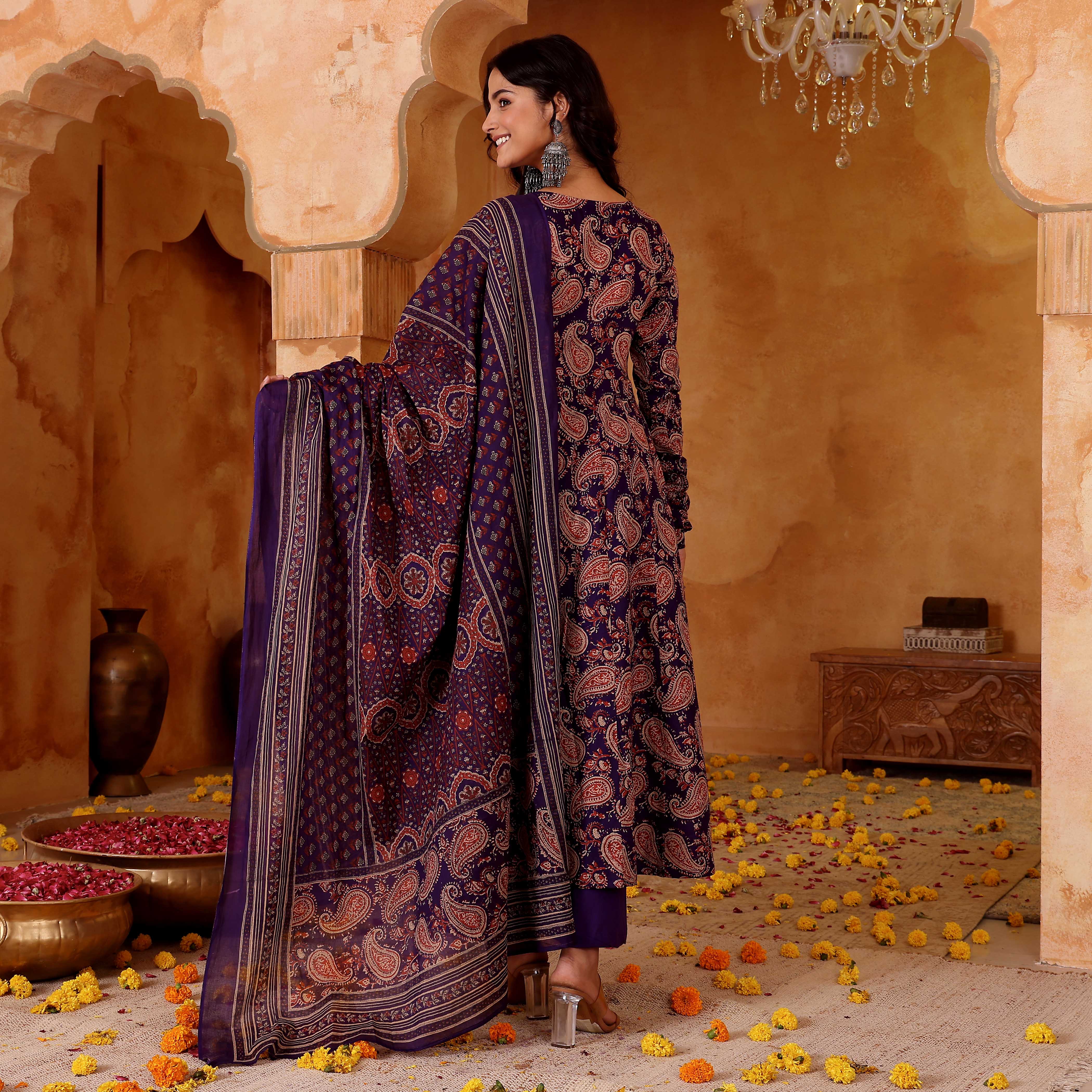 Purple Rayon Blend Kurta Pant Set Printed