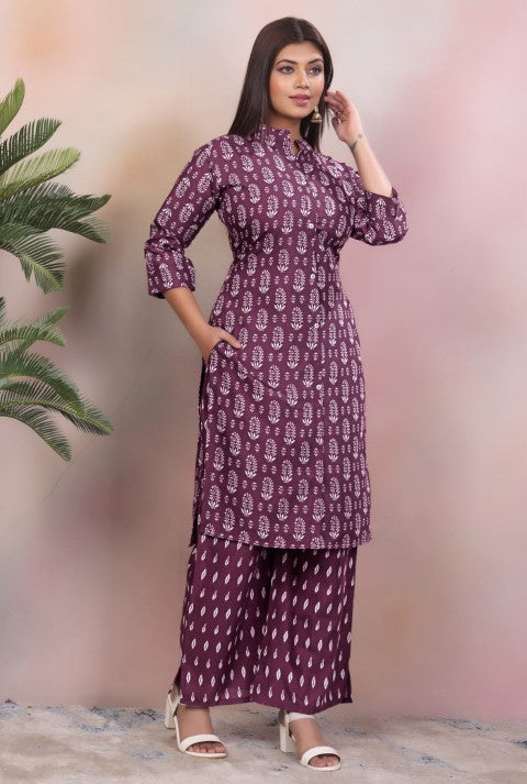 Purple Rayon Kurta Pant With Printed