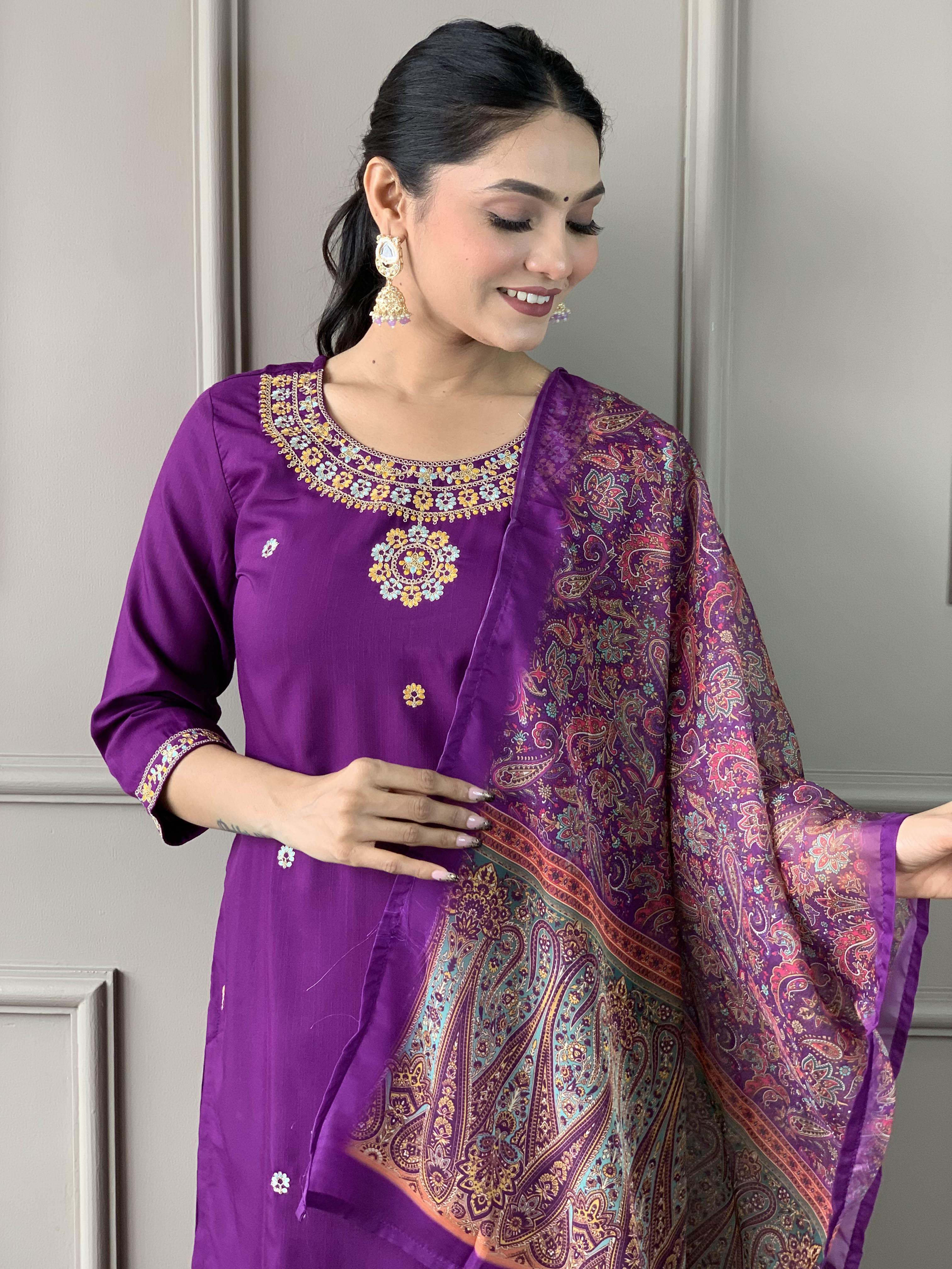 Purple Rayon Slub Elegant Kurta Pant Set With Embroidery Work